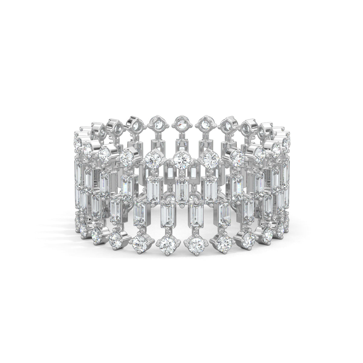 White Gold, Diamond Ring, glimmering aura ring, diamond eternity band, natural diamonds, lab-grown diamonds, baguette diamonds, round diamonds, everyday ring, elegant jewelry, timeless beauty