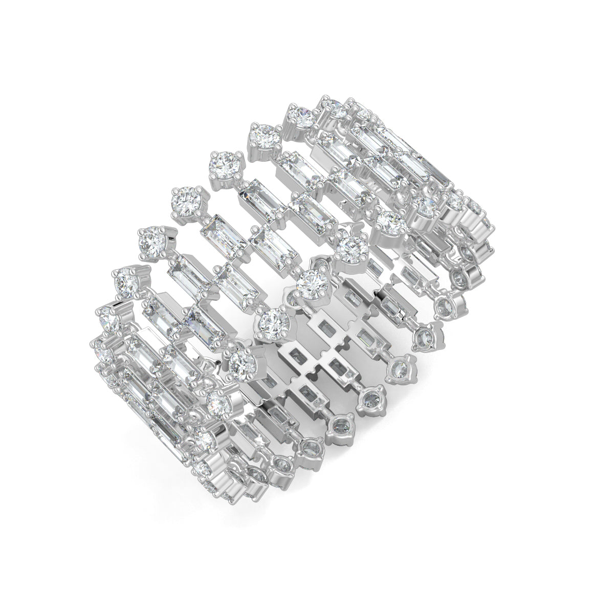 White Gold, Diamond Ring, glimmering aura ring, diamond eternity band, natural diamonds, lab-grown diamonds, baguette diamonds, round diamonds, everyday ring, elegant jewelry, timeless beauty