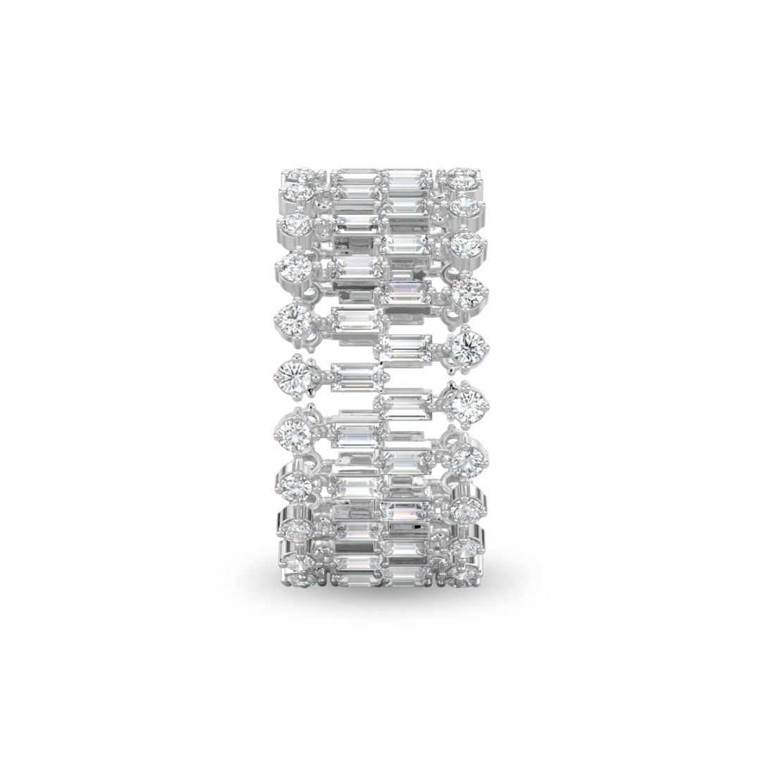 White Gold, Diamond Ring, glimmering aura ring, diamond eternity band, natural diamonds, lab-grown diamonds, baguette diamonds, round diamonds, everyday ring, elegant jewelry, timeless beauty