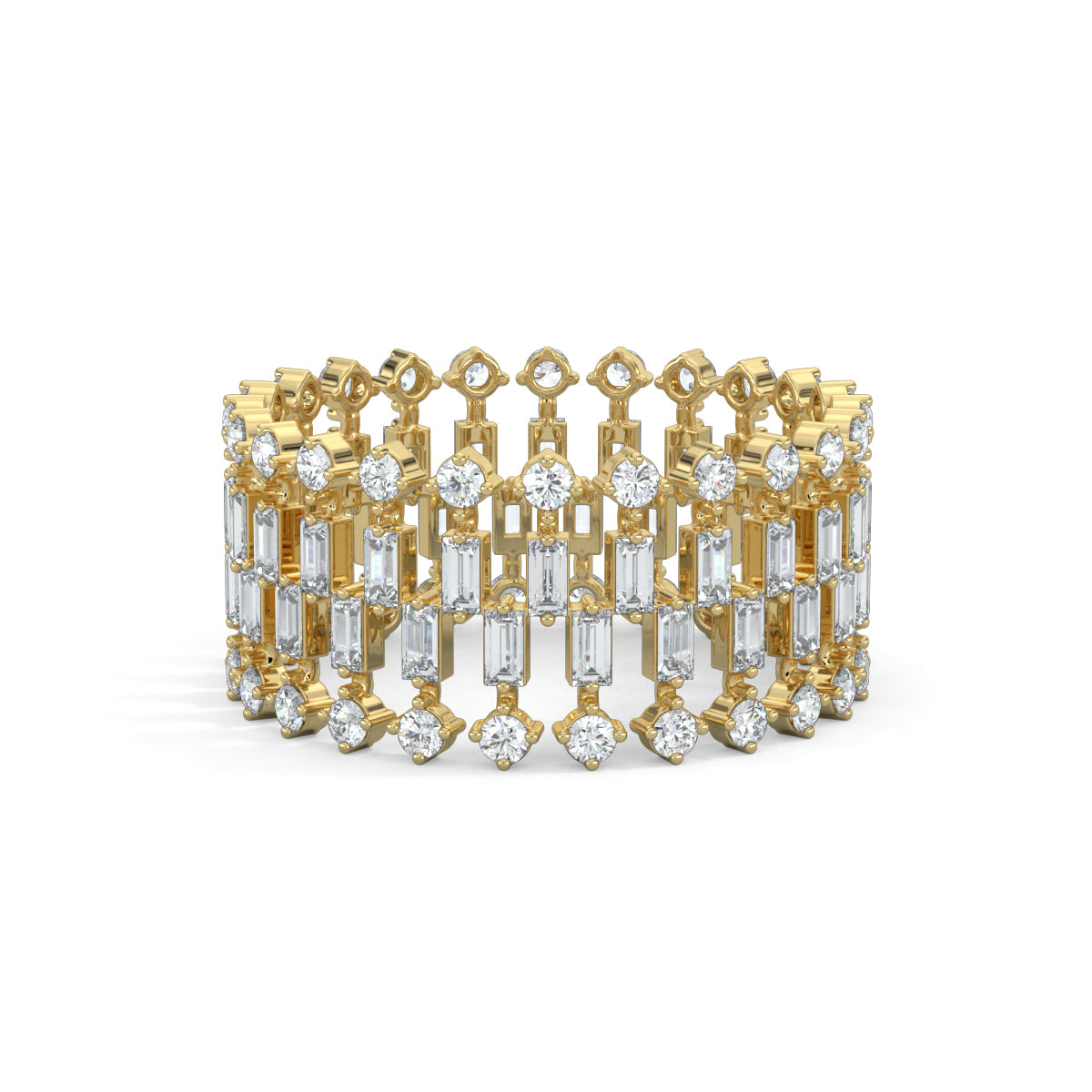 Yellow Gold, Diamond Ring, glimmering aura ring, diamond eternity band, natural diamonds, lab-grown diamonds, baguette diamonds, round diamonds, everyday ring, elegant jewelry, timeless beauty