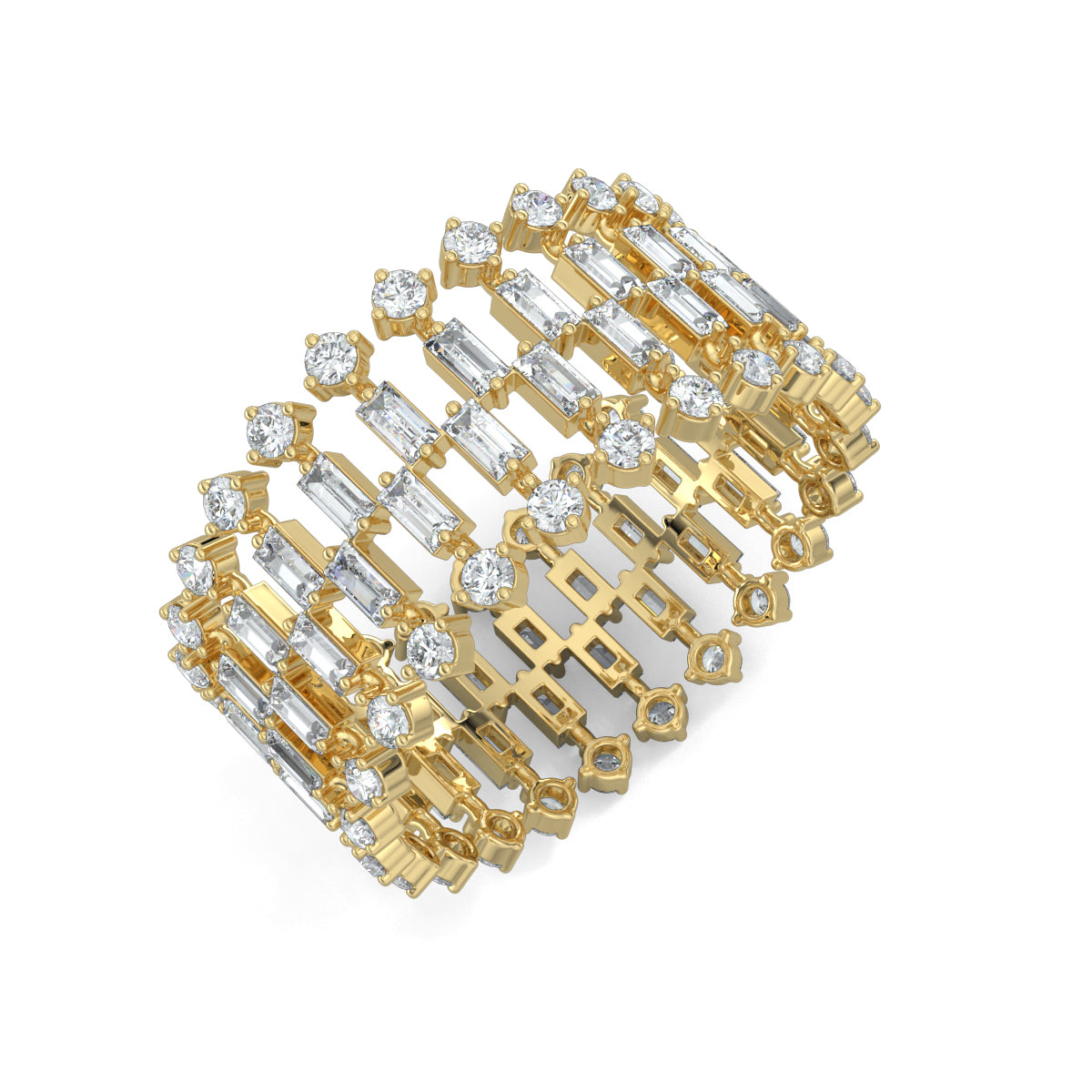 Yellow Gold, Diamond Ring, glimmering aura ring, diamond eternity band, natural diamonds, lab-grown diamonds, baguette diamonds, round diamonds, everyday ring, elegant jewelry, timeless beauty