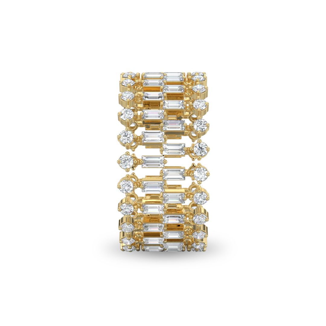 Yellow Gold, Diamond Ring, glimmering aura ring, diamond eternity band, natural diamonds, lab-grown diamonds, baguette diamonds, round diamonds, everyday ring, elegant jewelry, timeless beauty