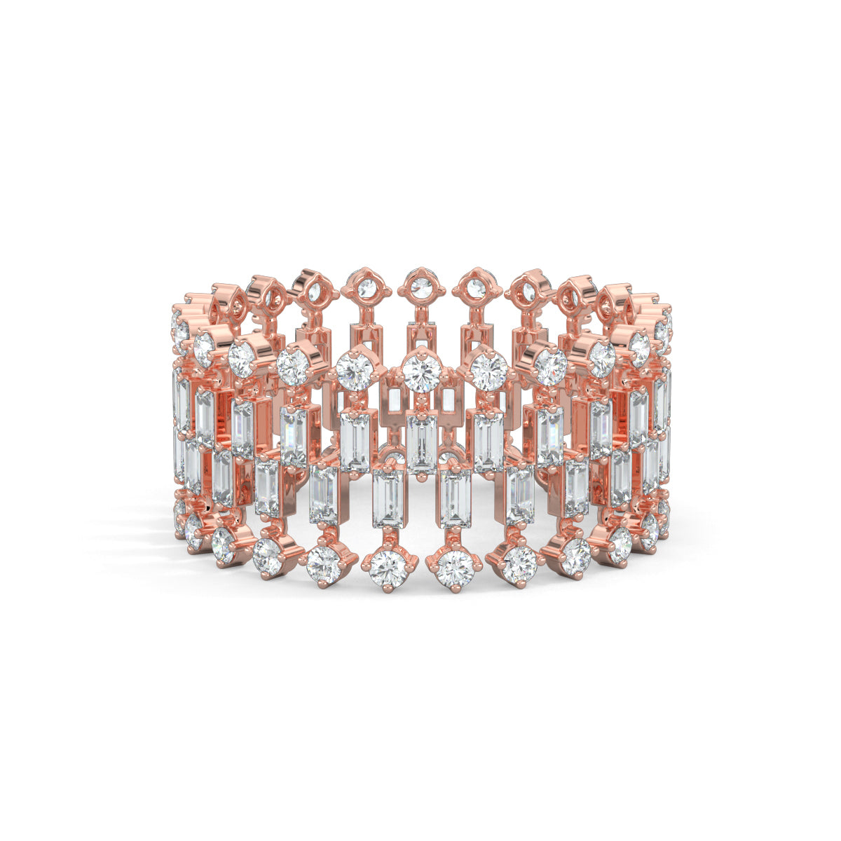 Rose Gold, Diamond Ring, glimmering aura ring, diamond eternity band, natural diamonds, lab-grown diamonds, baguette diamonds, round diamonds, everyday ring, elegant jewelry, timeless beauty