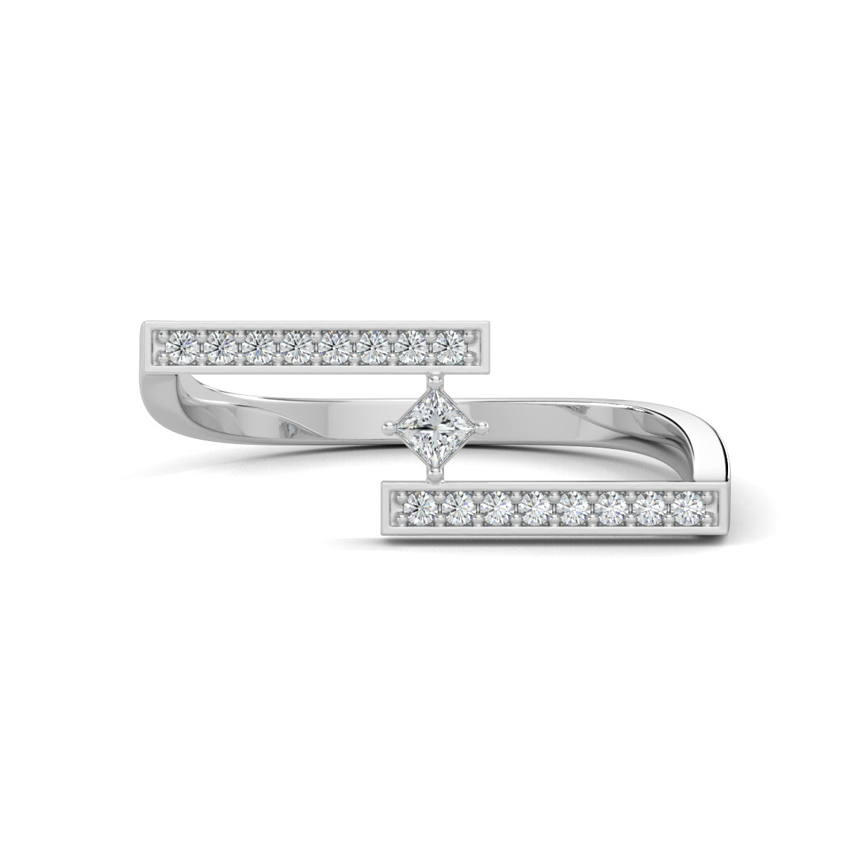 White Gold, Diamond Ring, Natural diamond ring, Lab-grown diamond ring, everyday diamond ring, open-ended band ring, round diamond accents, princess-cut diamond center, timeless elegance, modern luxury.