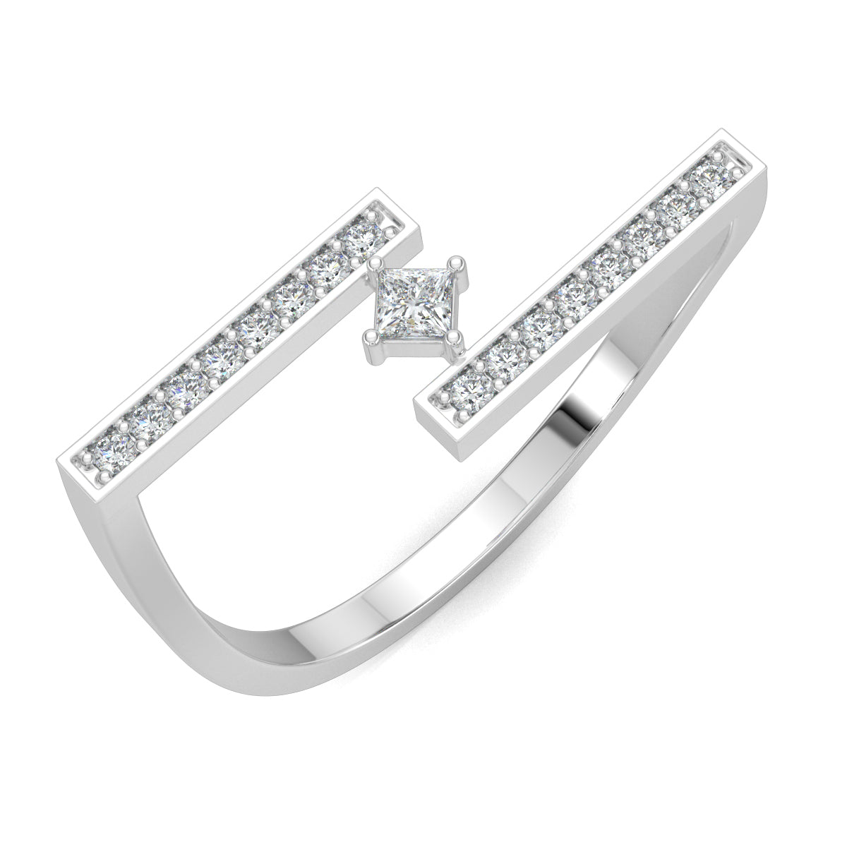 White Gold, Diamond Ring, Natural diamond ring, Lab-grown diamond ring, everyday diamond ring, open-ended band ring, round diamond accents, princess-cut diamond center, timeless elegance, modern luxury.