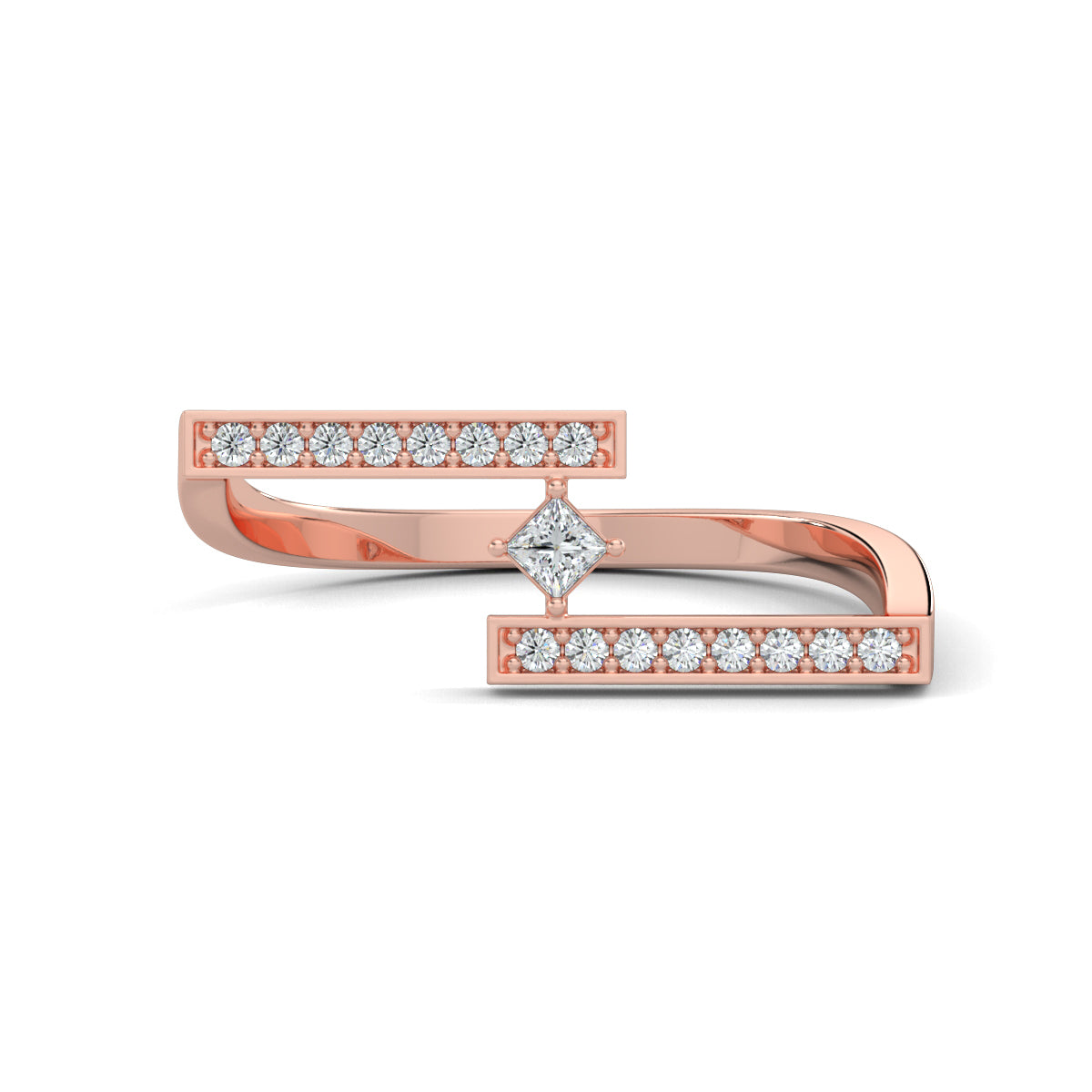 Rose Gold, Diamond Ring, Natural diamond ring, Lab-grown diamond ring, everyday diamond ring, open-ended band ring, round diamond accents, princess-cut diamond center, timeless elegance, modern luxury.