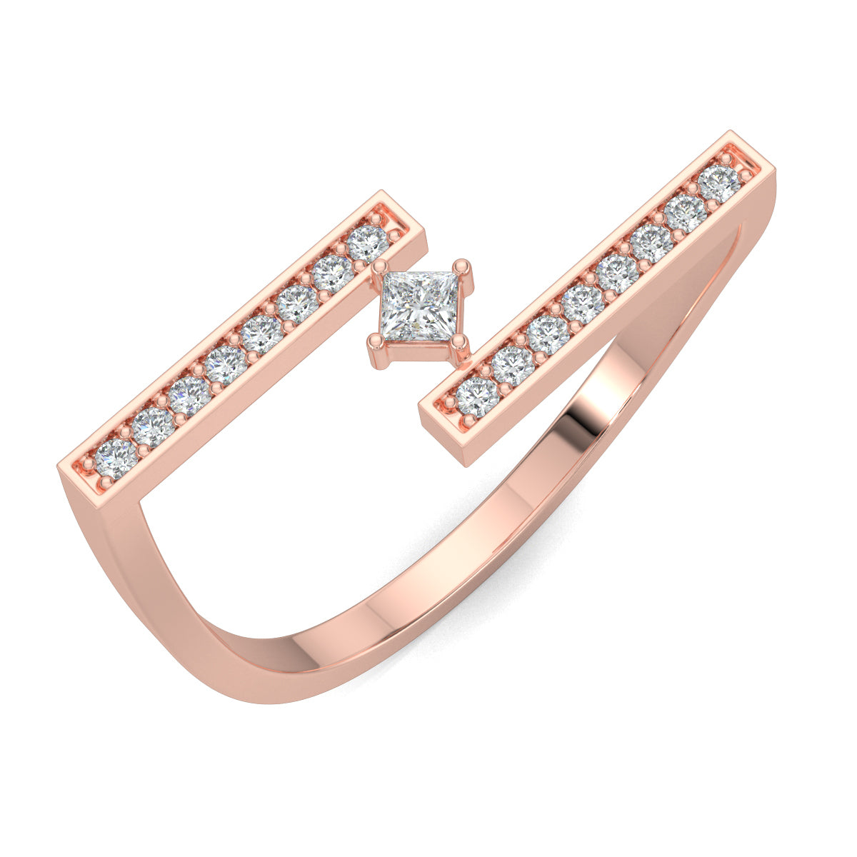 Rose Gold, Diamond Ring, Natural diamond ring, Lab-grown diamond ring, everyday diamond ring, open-ended band ring, round diamond accents, princess-cut diamond center, timeless elegance, modern luxury.