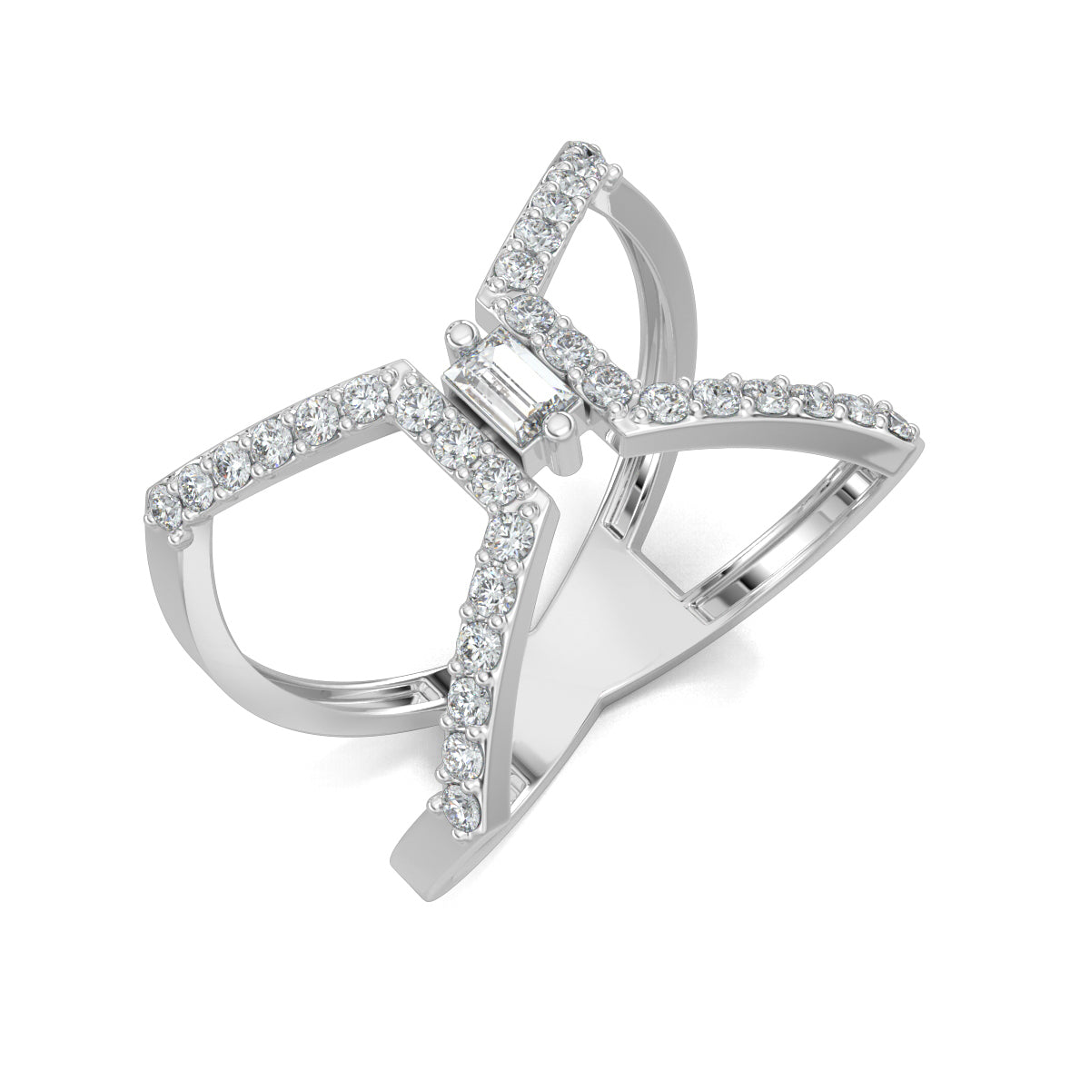 White Gold, Diamond Ring, Natural diamond ring, Lab-grown diamond ring, everyday ring, split shank design, butterfly ring, baguette diamond, round diamonds, fashion jewelry, exquisite elegance.
