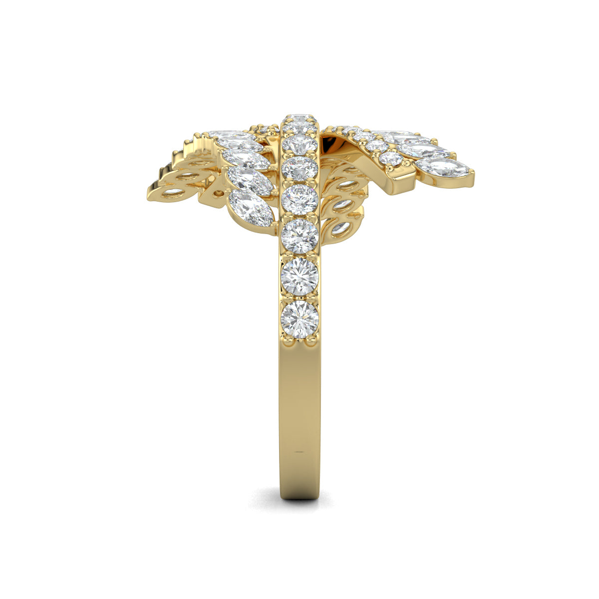 Yellow Gold, Diamond Ring, Natural Diamond ring, Lab-grown diamond ring, Dazzle Curve Ring, open-end diamond band, round and marquise-cut diamonds, sparkling diamond jewelry, elegant diamond accessory.