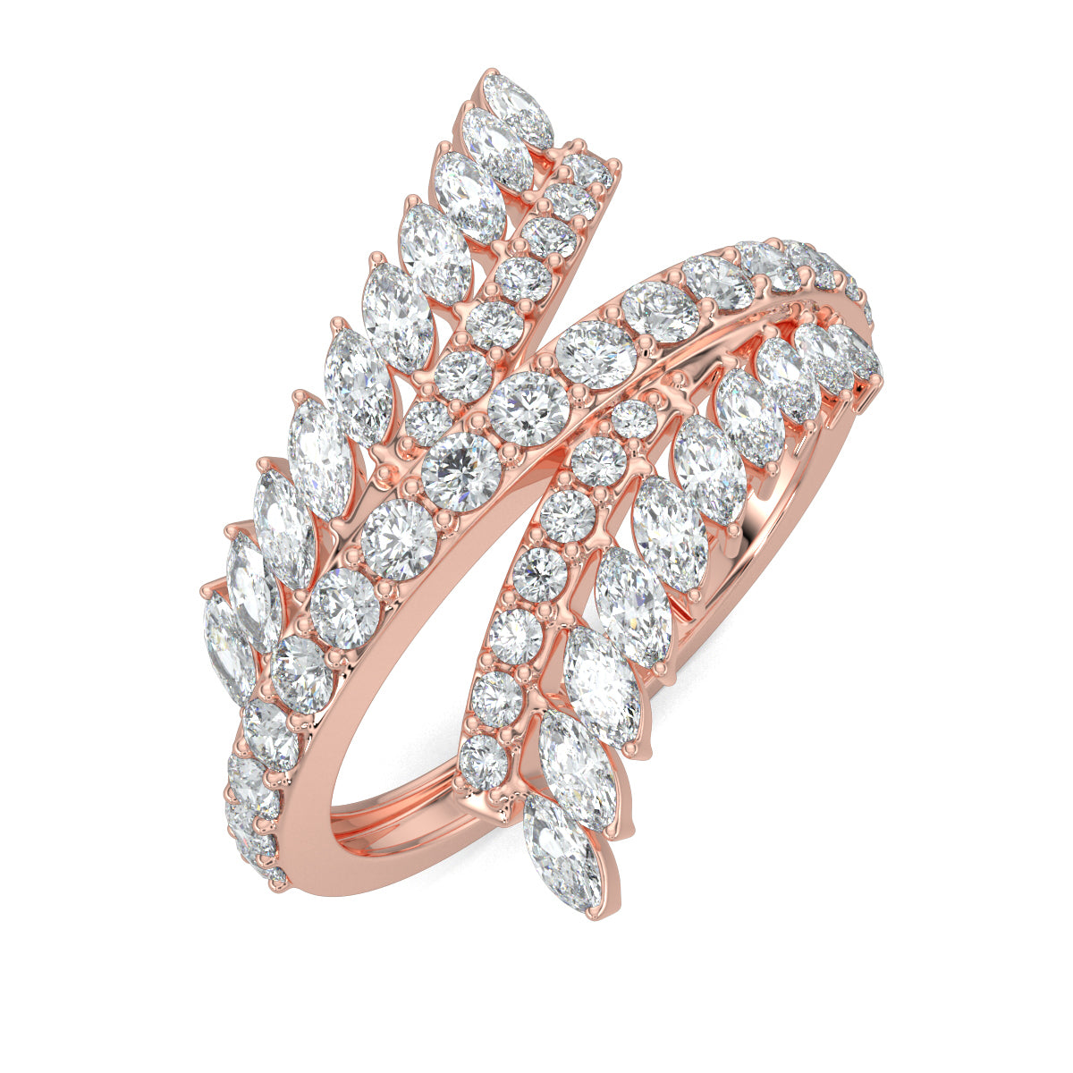 Rose Gold, Diamond Ring, Natural Diamond ring, Lab-grown diamond ring, Dazzle Curve Ring, open-end diamond band, round and marquise-cut diamonds, sparkling diamond jewelry, elegant diamond accessory.