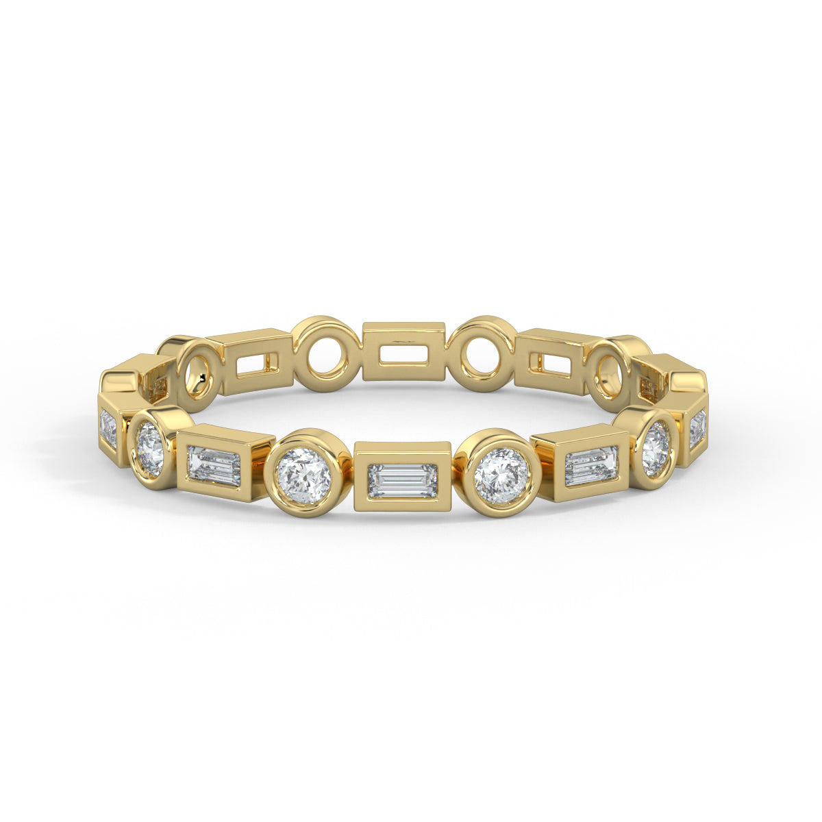 Yellow Gold, Diamond Ring, natural diamond eternity band, Lab-grown diamond eternity band, round diamond, baguette diamond, everyday ring, timeless elegance, sophisticated jewelry