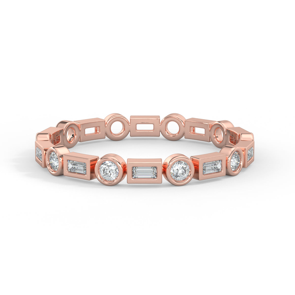 Rose Gold, Diamond Ring, natural diamond eternity band, Lab-grown diamond eternity band, round diamond, baguette diamond, everyday ring, timeless elegance, sophisticated jewelry