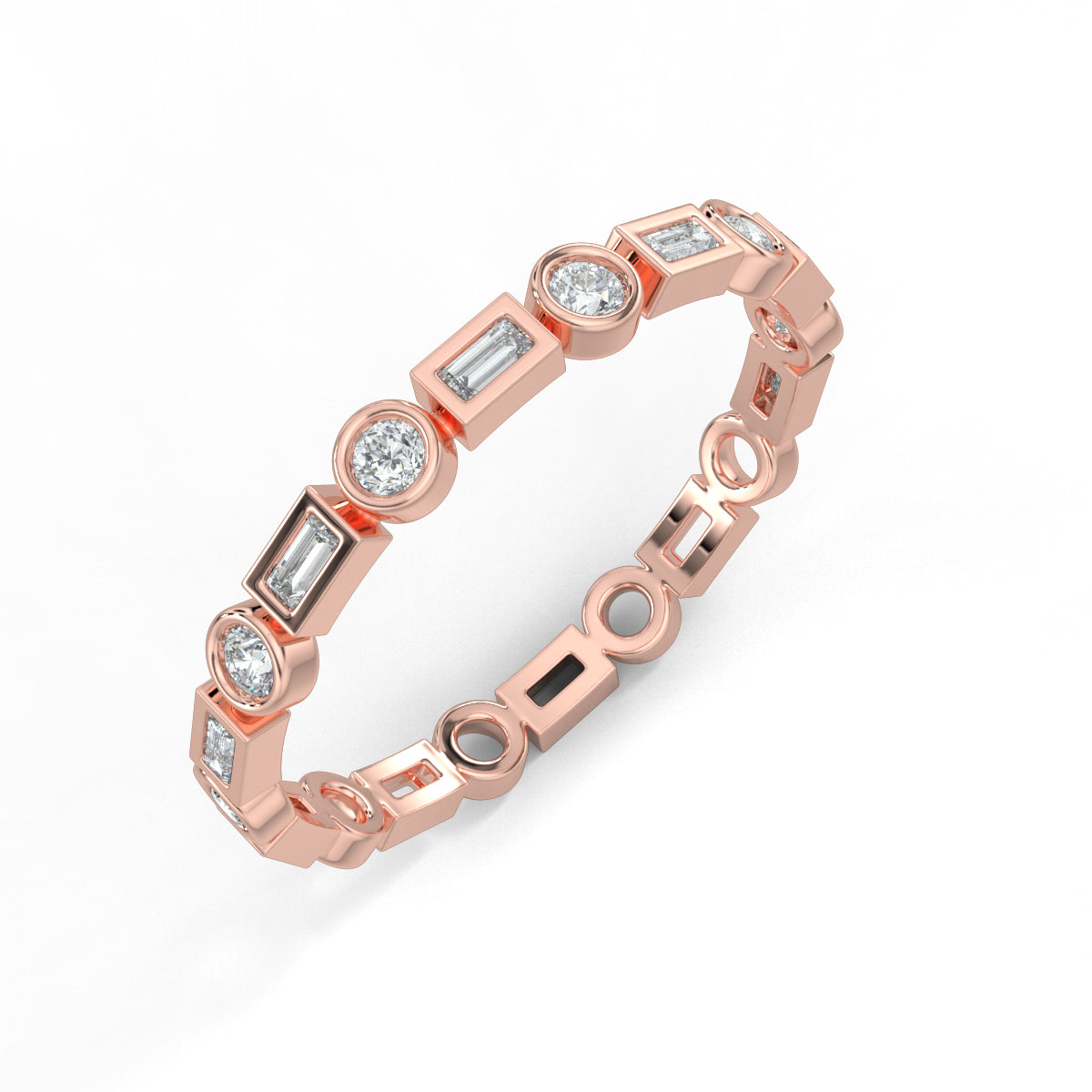 Rose Gold, Diamond Ring, natural diamond eternity band, Lab-grown diamond eternity band, round diamond, baguette diamond, everyday ring, timeless elegance, sophisticated jewelry