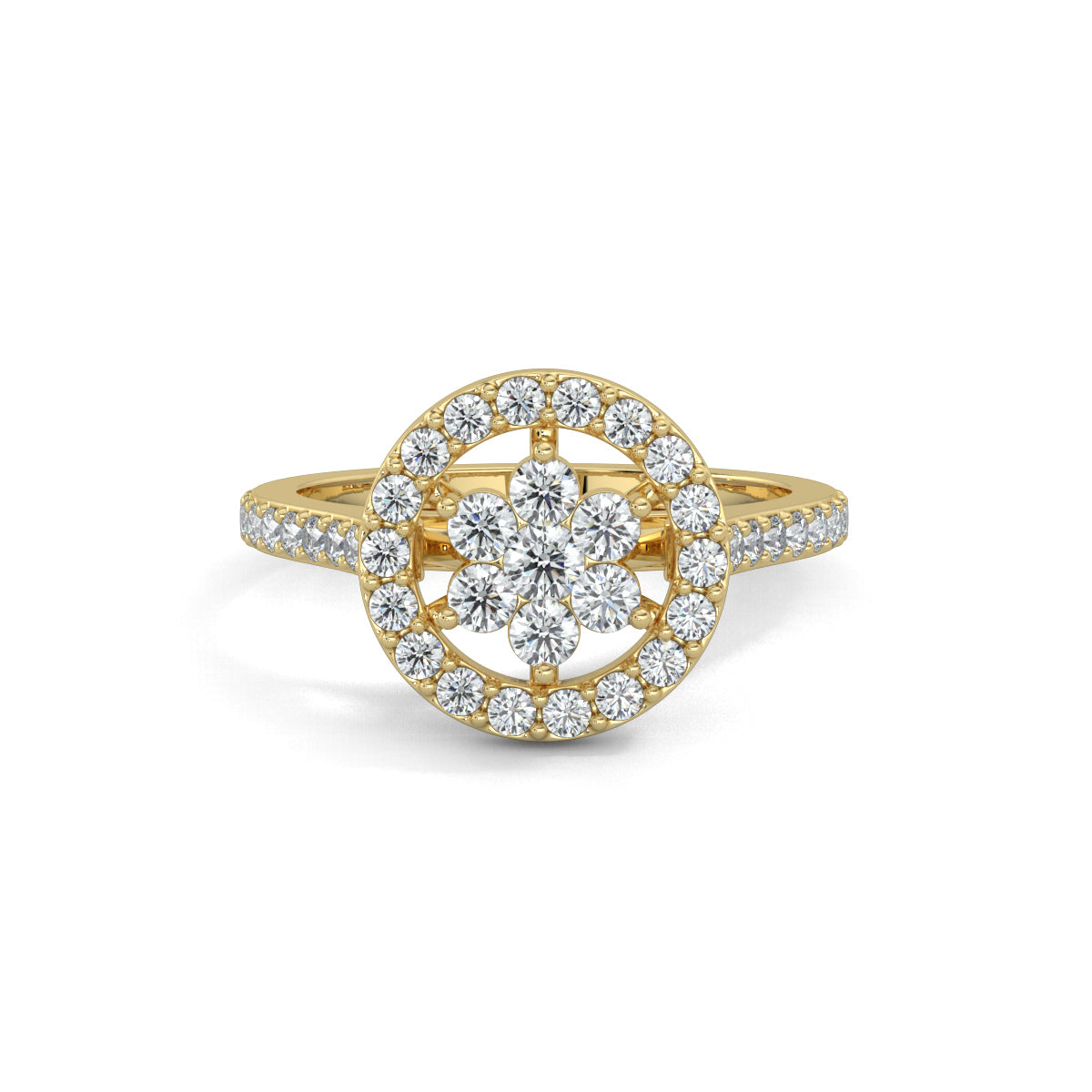 Yellow Gold, Diamond Ring, natural diamond ring, lab-grown diamond ring, sleek halo ring, round diamond band, pave setting, halo setting, elegant jewelry