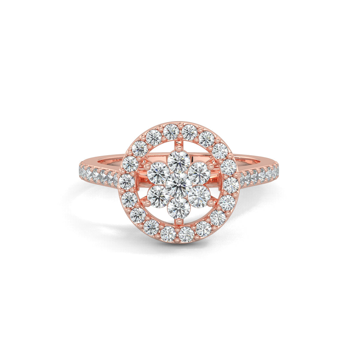 Rose Gold, Diamond Ring, natural diamond ring, lab-grown diamond ring, sleek halo ring, round diamond band, pave setting, halo setting, elegant jewelry