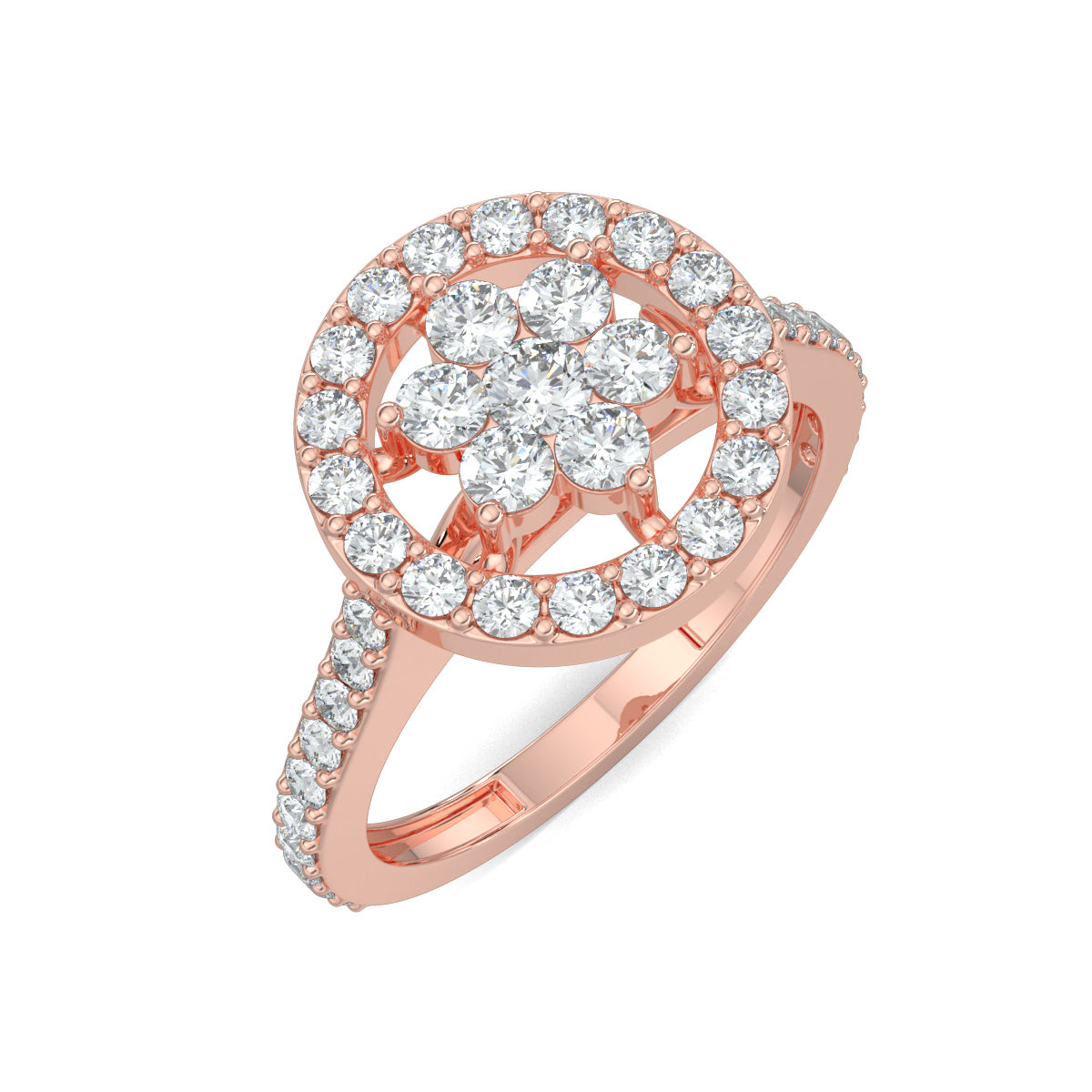 Rose Gold, Diamond Ring, natural diamond ring, lab-grown diamond ring, sleek halo ring, round diamond band, pave setting, halo setting, elegant jewelry