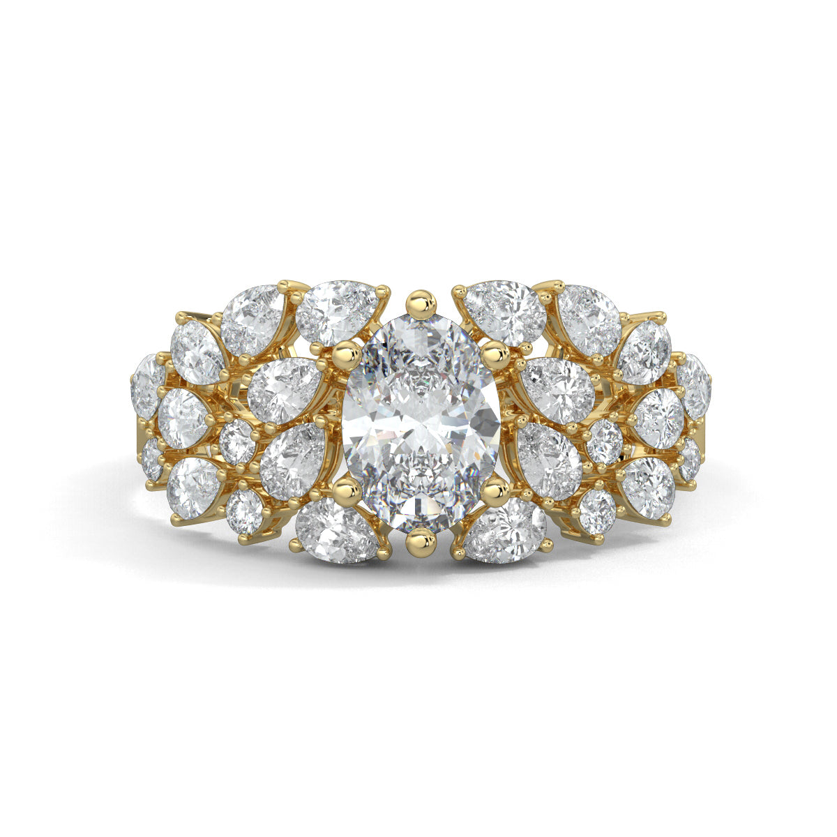 Yellow Gold, Diamond Ring, natural diamond solitaire ring, Lab-grown diamond solitaire ring, Nova Glow Solitaire Ring, oval-cut diamond ring, pear-shaped diamonds, round diamonds, celestial jewelry, classic band, elegant adornment