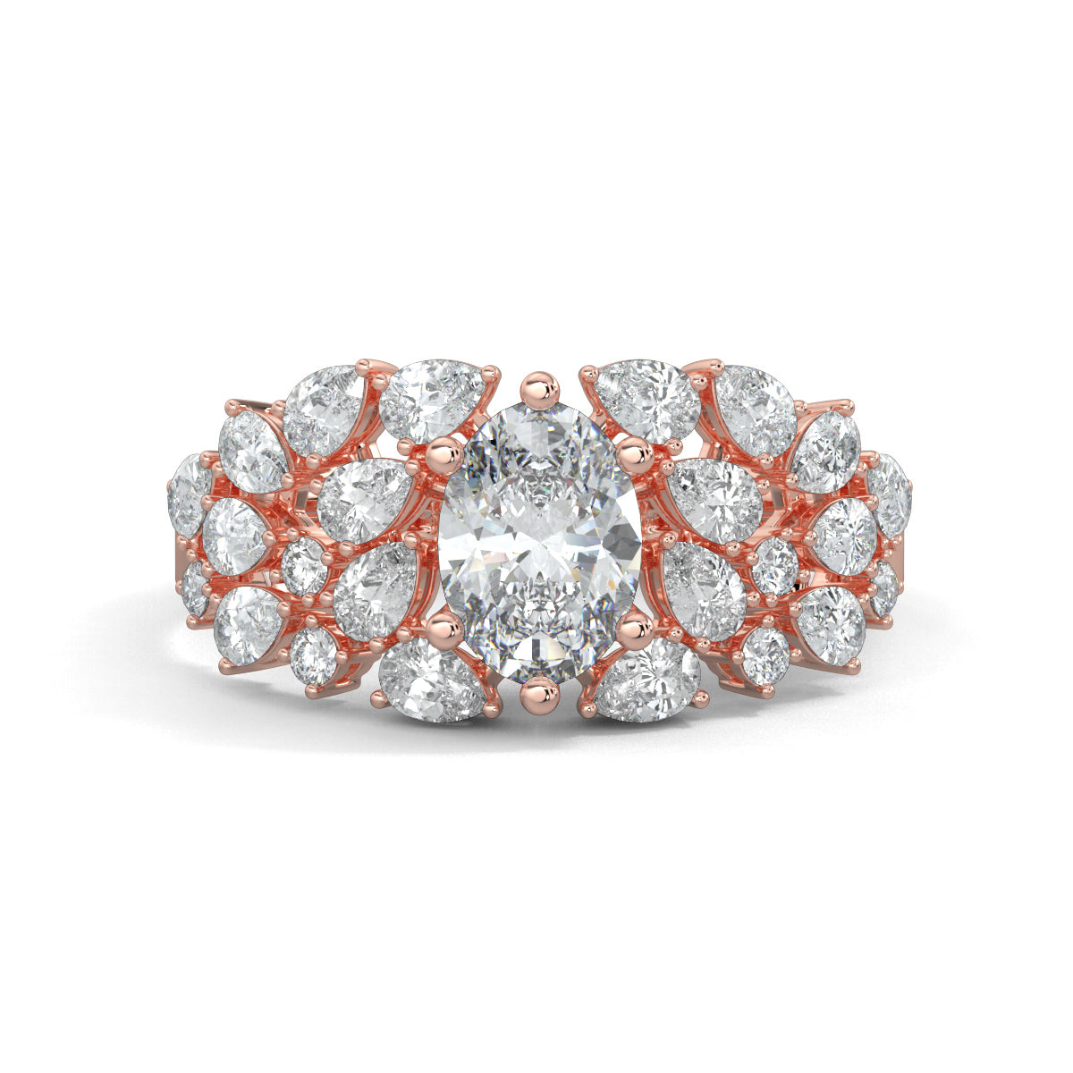 Rose Gold, Diamond Ring, natural diamond solitaire ring, Lab-grown diamond solitaire ring, Nova Glow Solitaire Ring, oval-cut diamond ring, pear-shaped diamonds, round diamonds, celestial jewelry, classic band, elegant adornment