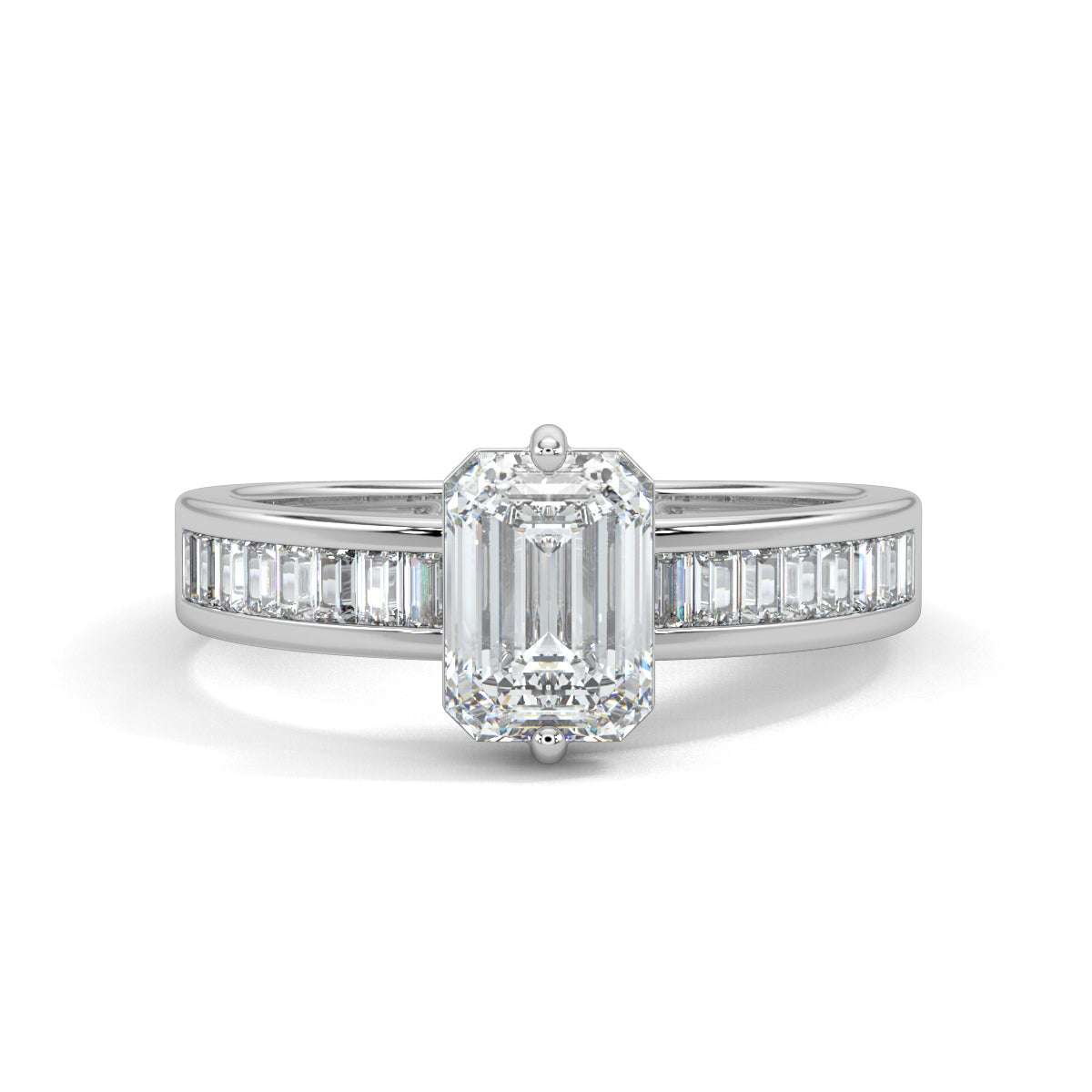 White Gold, Diamond Ring, Emerald solitaire diamond ring, Natural diamond ring, Lab-grown diamond ring, Solitaire diamond band ring, Baguette diamond channeling ring