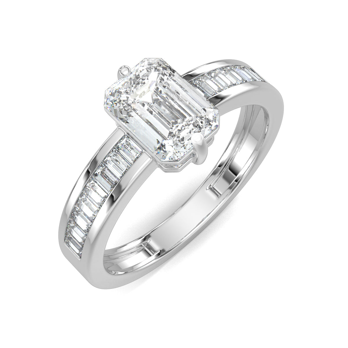 White Gold, Diamond Ring, Emerald solitaire diamond ring, Natural diamond ring, Lab-grown diamond ring, Solitaire diamond band ring, Baguette diamond channeling ring