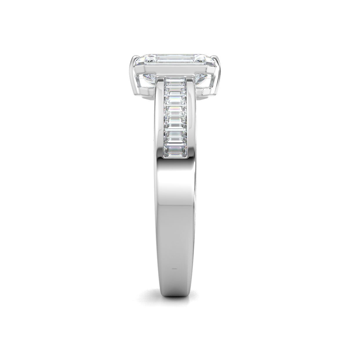 White Gold, Diamond Ring, Emerald solitaire diamond ring, Natural diamond ring, Lab-grown diamond ring, Solitaire diamond band ring, Baguette diamond channeling ring