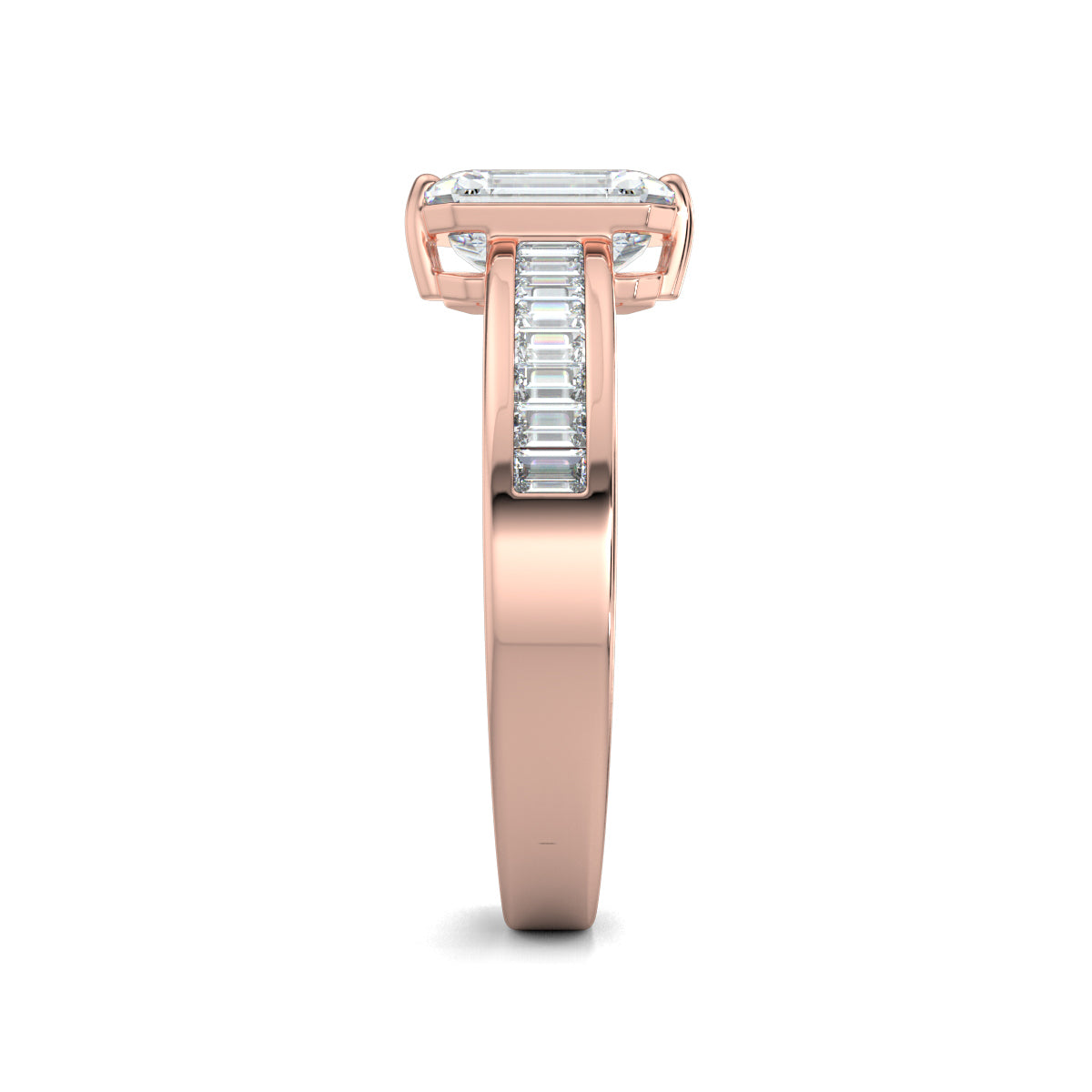 Rose Gold, Diamond Ring, Emerald solitaire diamond ring, Natural diamond ring, Lab-grown diamond ring, Solitaire diamond band ring, Baguette diamond channeling ring