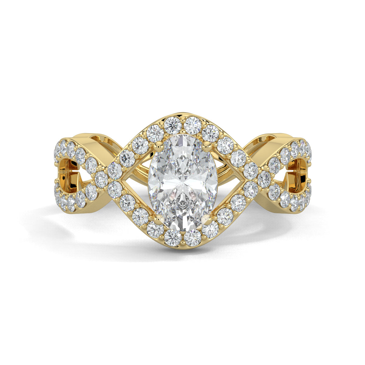 Yellow Gold, Diamond Ring, twisted dream solitaire ring, natural diamond, lab-grown diamond, ethically sourced jewelry, oval diamond ring, pave setting, twisted band ring, luxury ring, Ring, Fine Jewellery