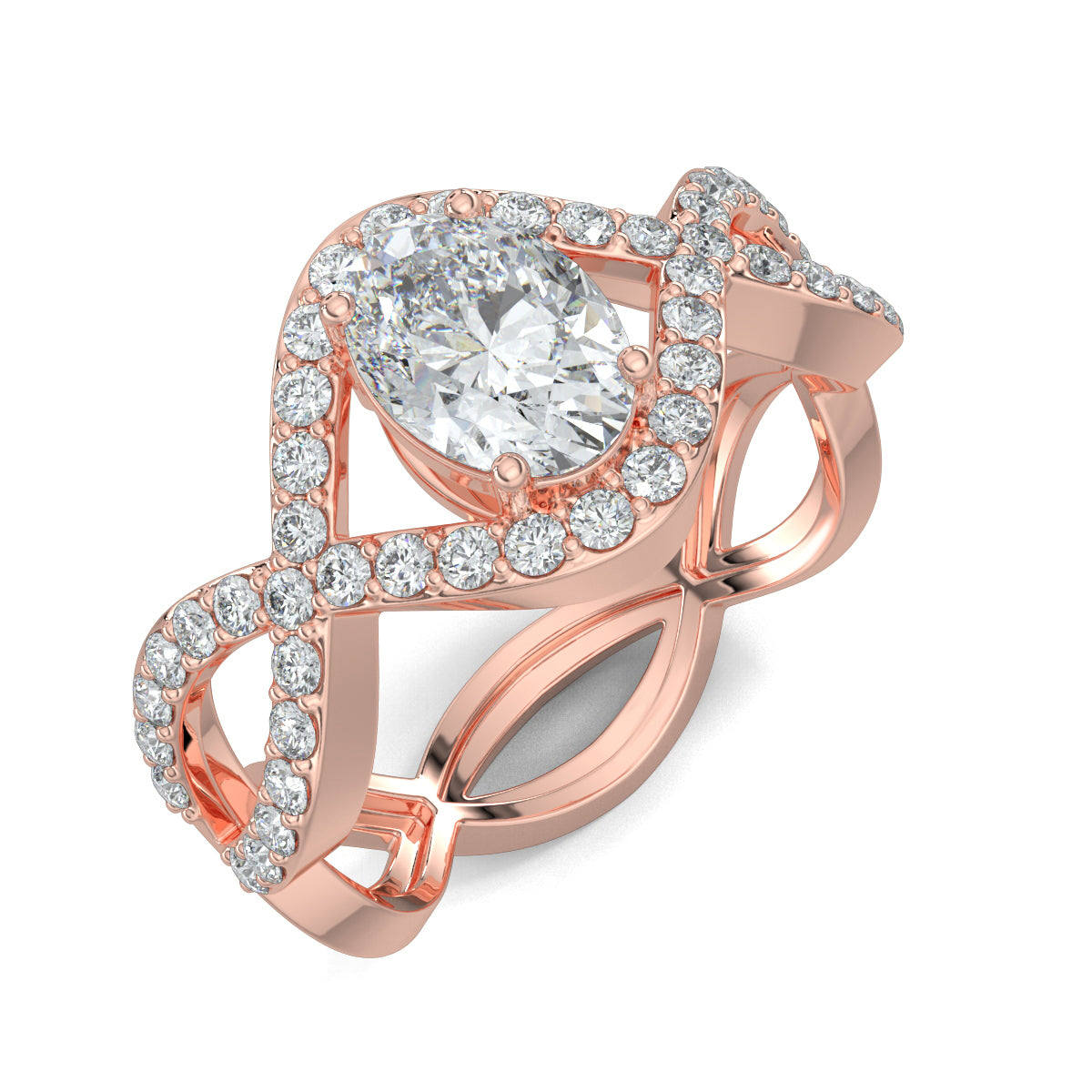 Rose Gold, Diamond Ring, twisted dream solitaire ring, natural diamond, lab-grown diamond, ethically sourced jewelry, oval diamond ring, pave setting, twisted band ring, luxury ring, Ring, Fine Jewellery