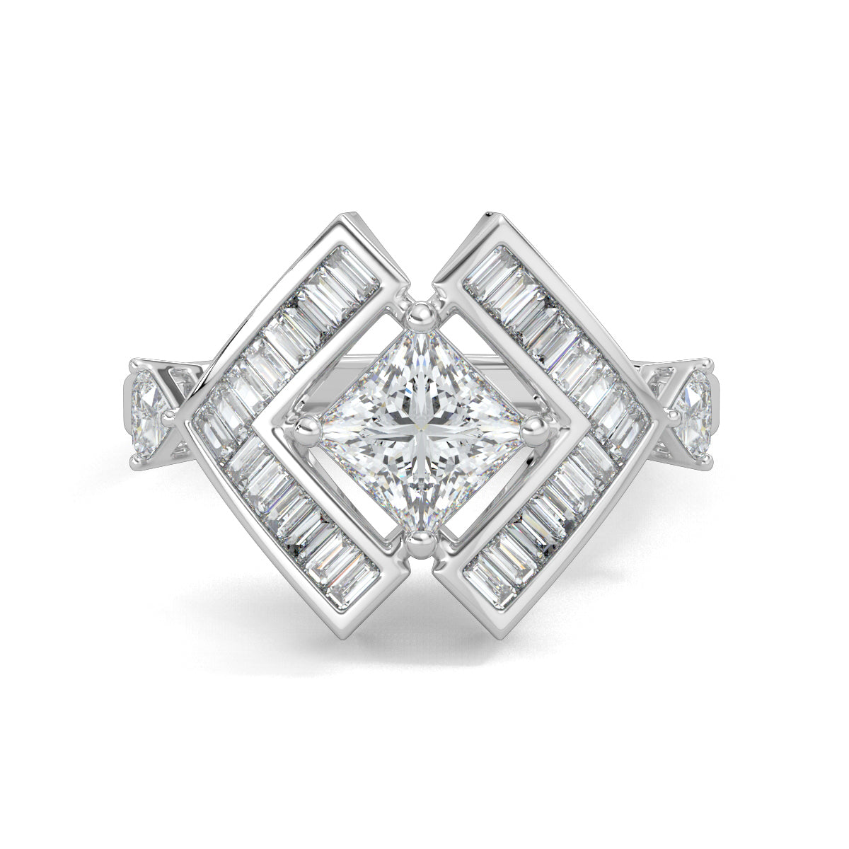 White Gold, Diamond Ring, allure princess ring, lab-grown diamonds, princess-cut diamond, natural diamonds, trillion diamonds, baguette diamonds, solitaire ring, diamond ring, elegant jewelry