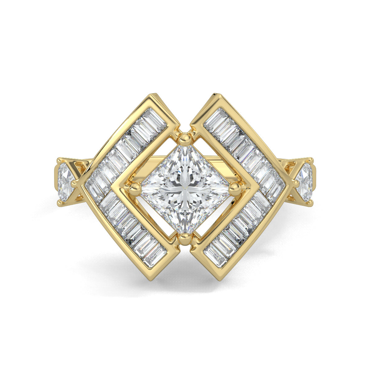 Yellow Gold, Diamond Ring, allure princess ring, lab-grown diamonds, princess-cut diamond, natural diamonds, trillion diamonds, baguette diamonds, solitaire ring, diamond ring, elegant jewelry