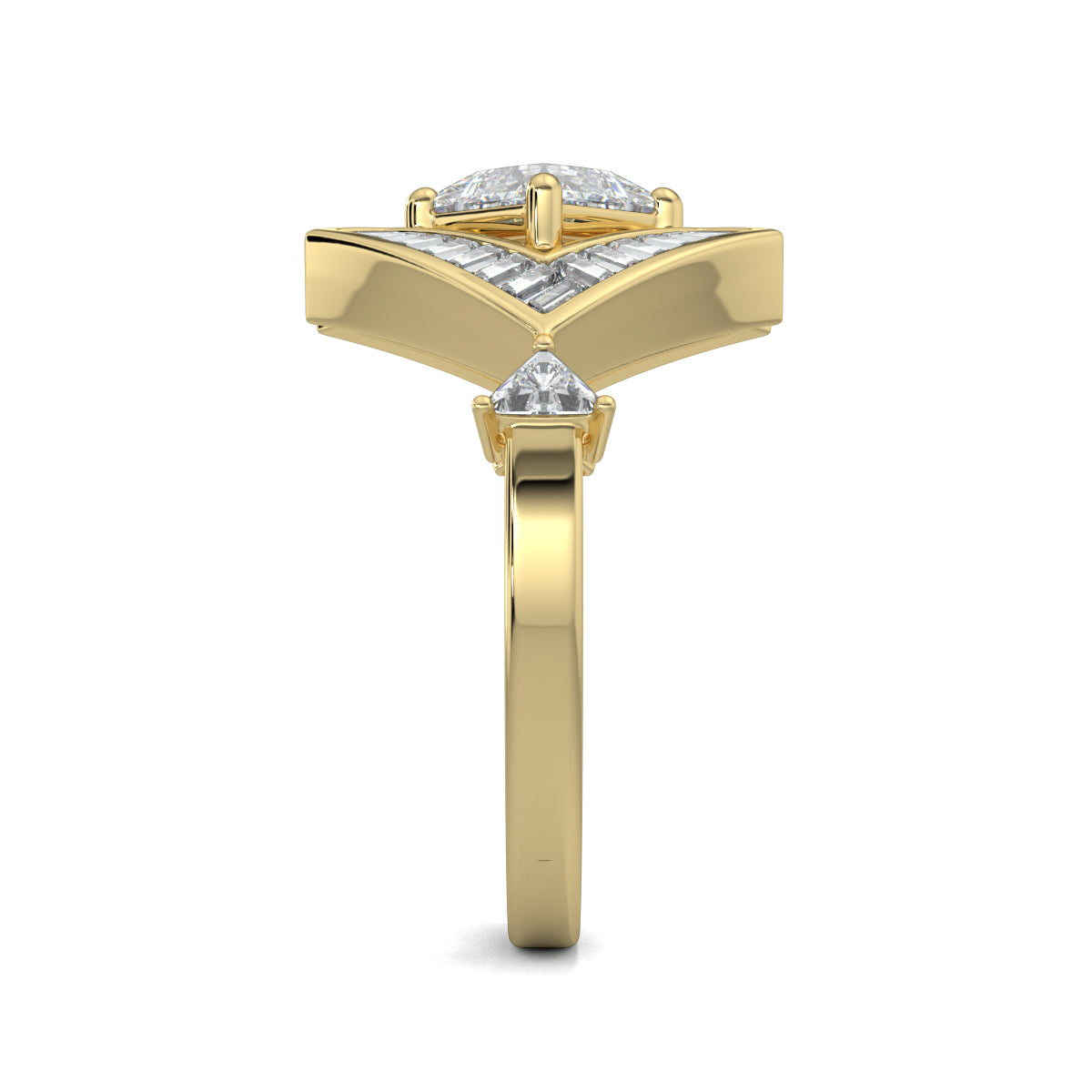 Yellow Gold, Diamond Ring, allure princess ring, lab-grown diamonds, princess-cut diamond, natural diamonds, trillion diamonds, baguette diamonds, solitaire ring, diamond ring, elegant jewelry