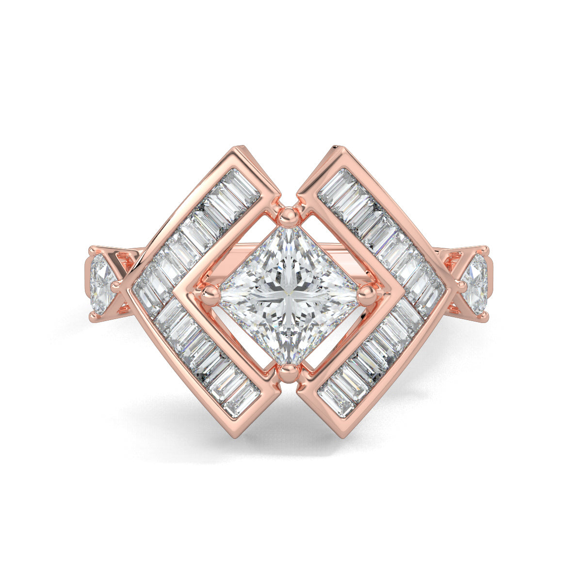 Rose Gold, Diamond Ring, allure princess ring, lab-grown diamonds, princess-cut diamond, natural diamonds, trillion diamonds, baguette diamonds, solitaire ring, diamond ring, elegant jewelry