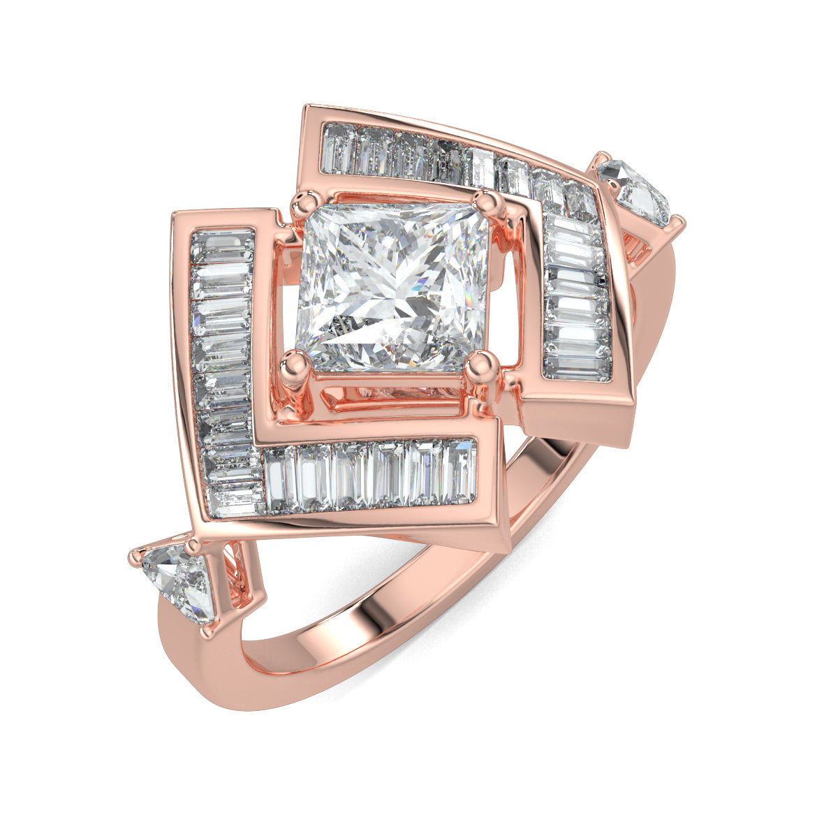 Rose Gold, Diamond Ring, allure princess ring, lab-grown diamonds, princess-cut diamond, natural diamonds, trillion diamonds, baguette diamonds, solitaire ring, diamond ring, elegant jewelry