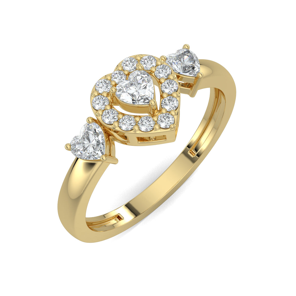 Yellow Gold, Diamond Ring, Romantic heart solitaire ring, natural diamond ring, lab-grown diamond ring, heart-shaped diamond, halo setting, sustainable jewelry, love diamond accents, ethically sourced diamonds