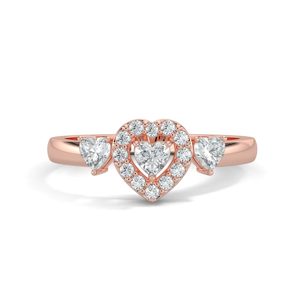 Rose Gold, Diamond Ring, Romantic heart solitaire ring, natural diamond ring, lab-grown diamond ring, heart-shaped diamond, halo setting, sustainable jewelry, love diamond accents, ethically sourced diamonds