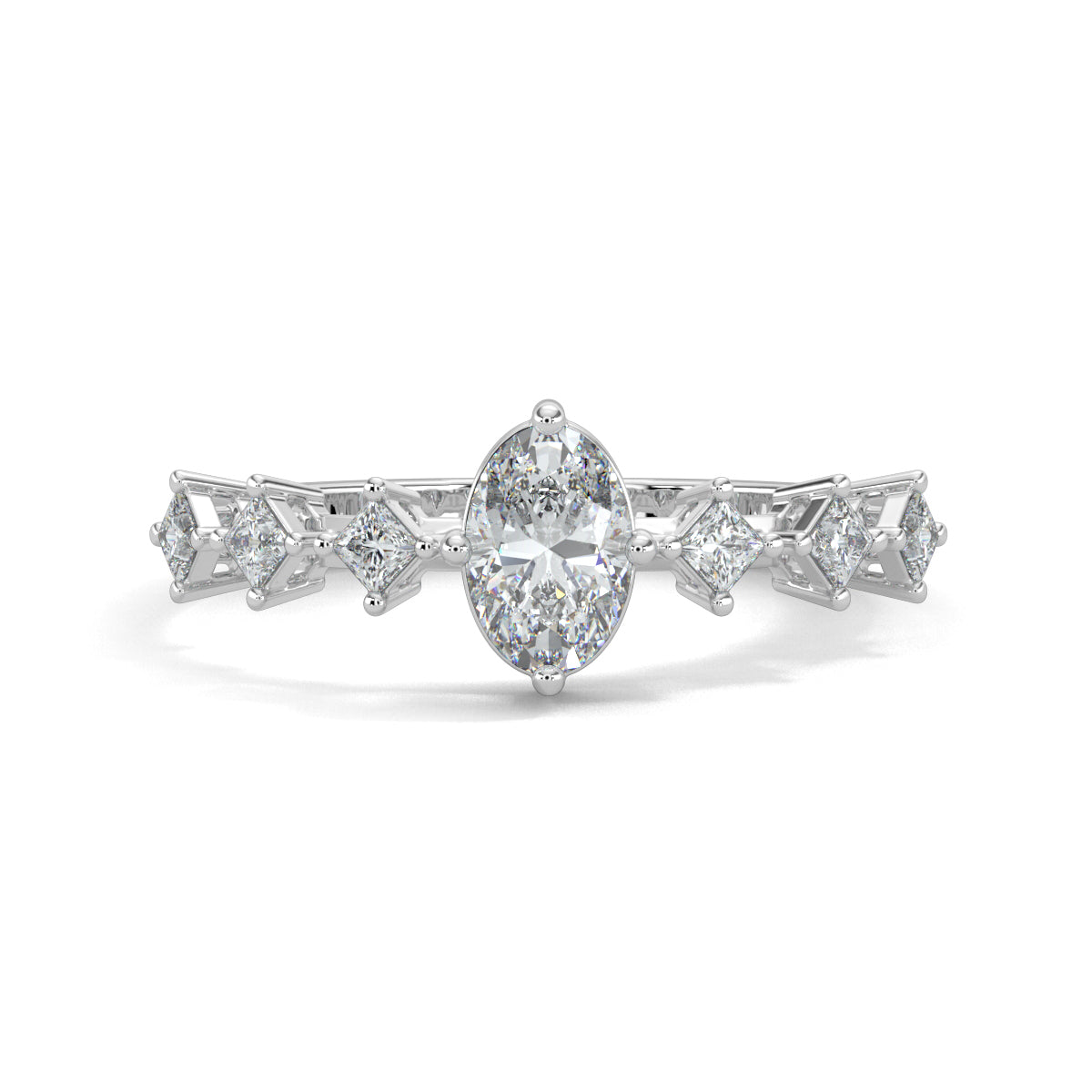 White Gold, Diamond Ring, oval solitaire diamond ring, natural diamonds, lab-grown diamonds, princess band ring, engagement ring, ethical jewelry, diamond jewelry, luxury ring, solitaire ring, oval cut diamond, princess cut diamonds