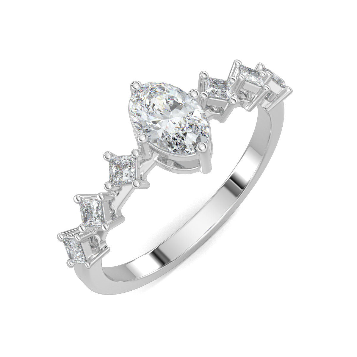 White Gold, Diamond Ring, oval solitaire diamond ring, natural diamonds, lab-grown diamonds, princess band ring, engagement ring, ethical jewelry, diamond jewelry, luxury ring, solitaire ring, oval cut diamond, princess cut diamonds