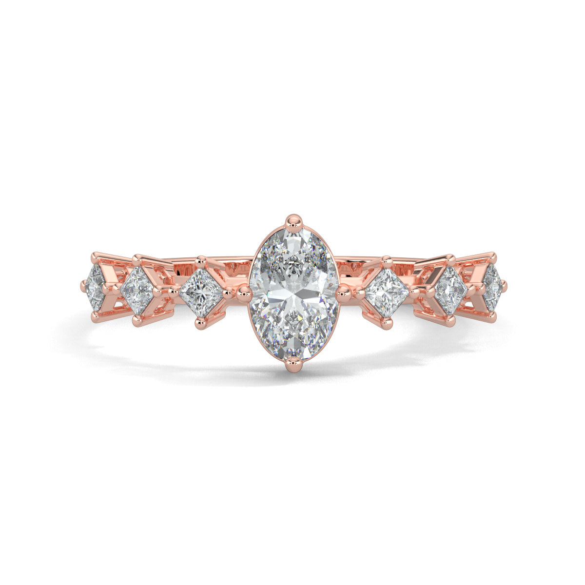 Rose Gold, Diamond Ring, oval solitaire diamond ring, natural diamonds, lab-grown diamonds, princess band ring, engagement ring, ethical jewelry, diamond jewelry, luxury ring, solitaire ring, oval cut diamond, princess cut diamonds