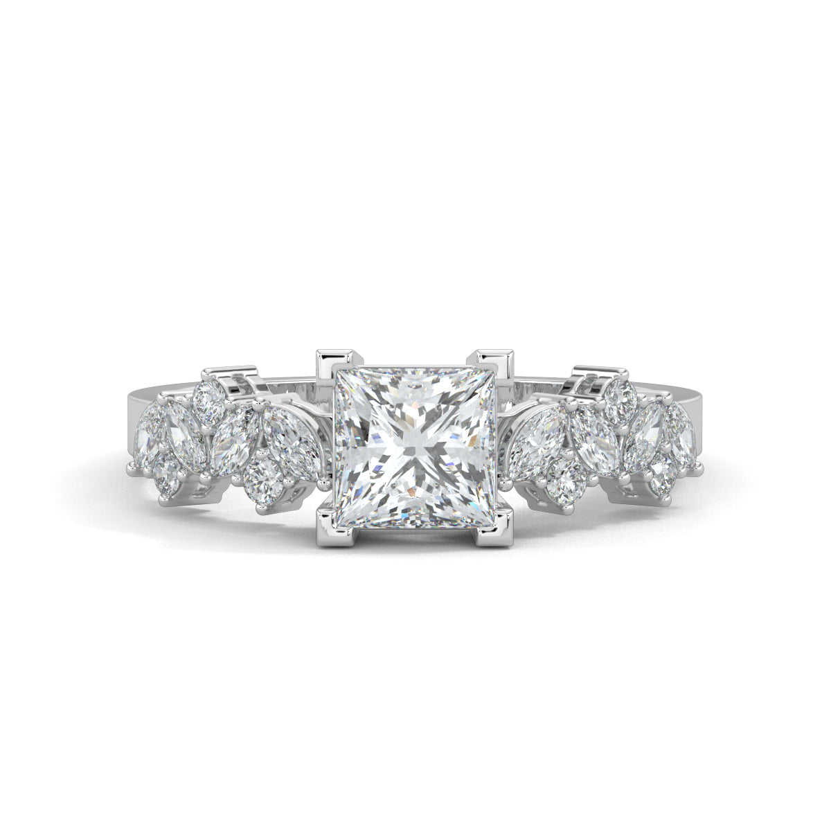 White Gold, Diamond Ring, luxurious princess solitaire ring, natural diamond ring, lab-grown diamond ring, marquise and round diamond ring, solitaire engagement ring, classic diamond ring