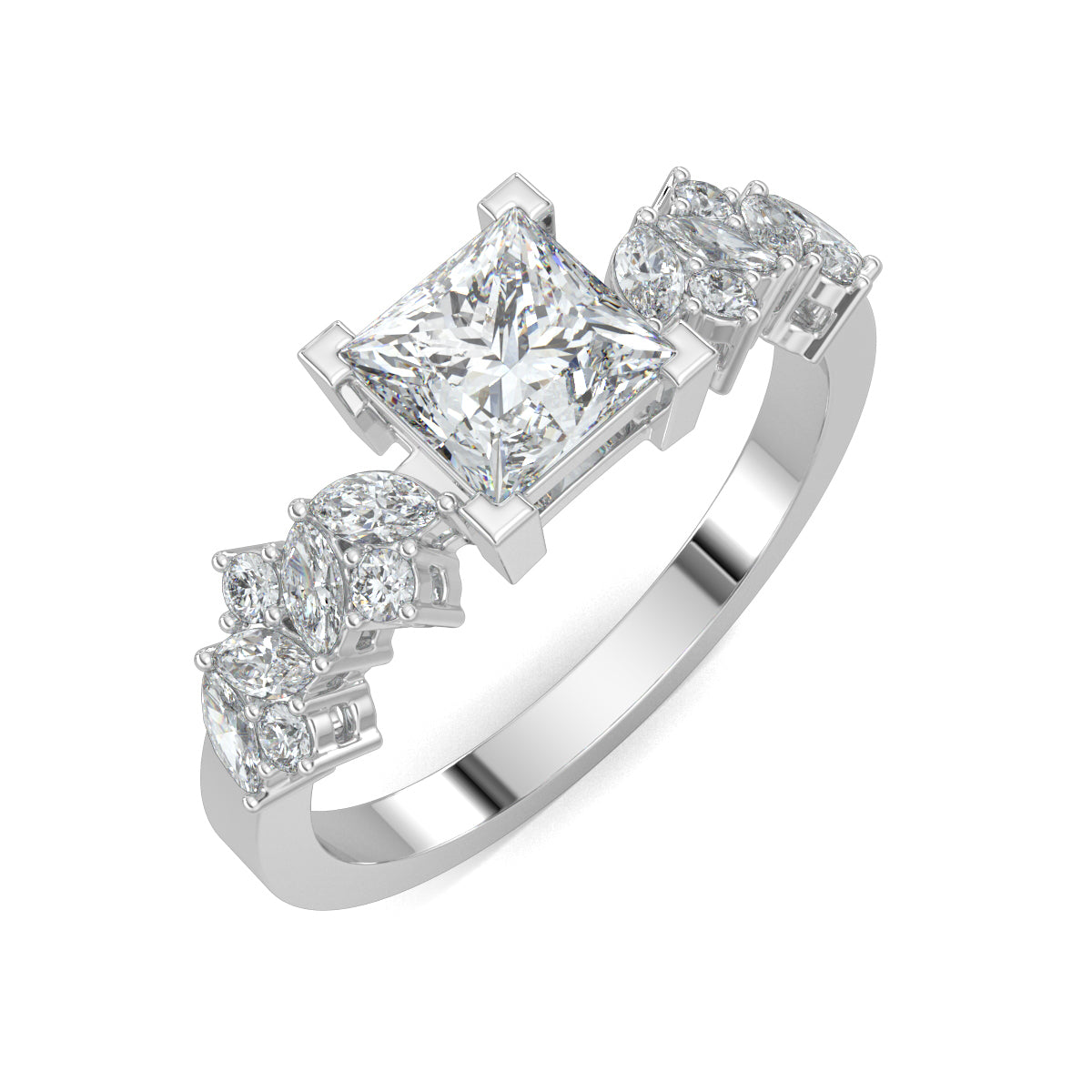 White Gold, Diamond Ring, luxurious princess solitaire ring, natural diamond ring, lab-grown diamond ring, marquise and round diamond ring, solitaire engagement ring, classic diamond ring