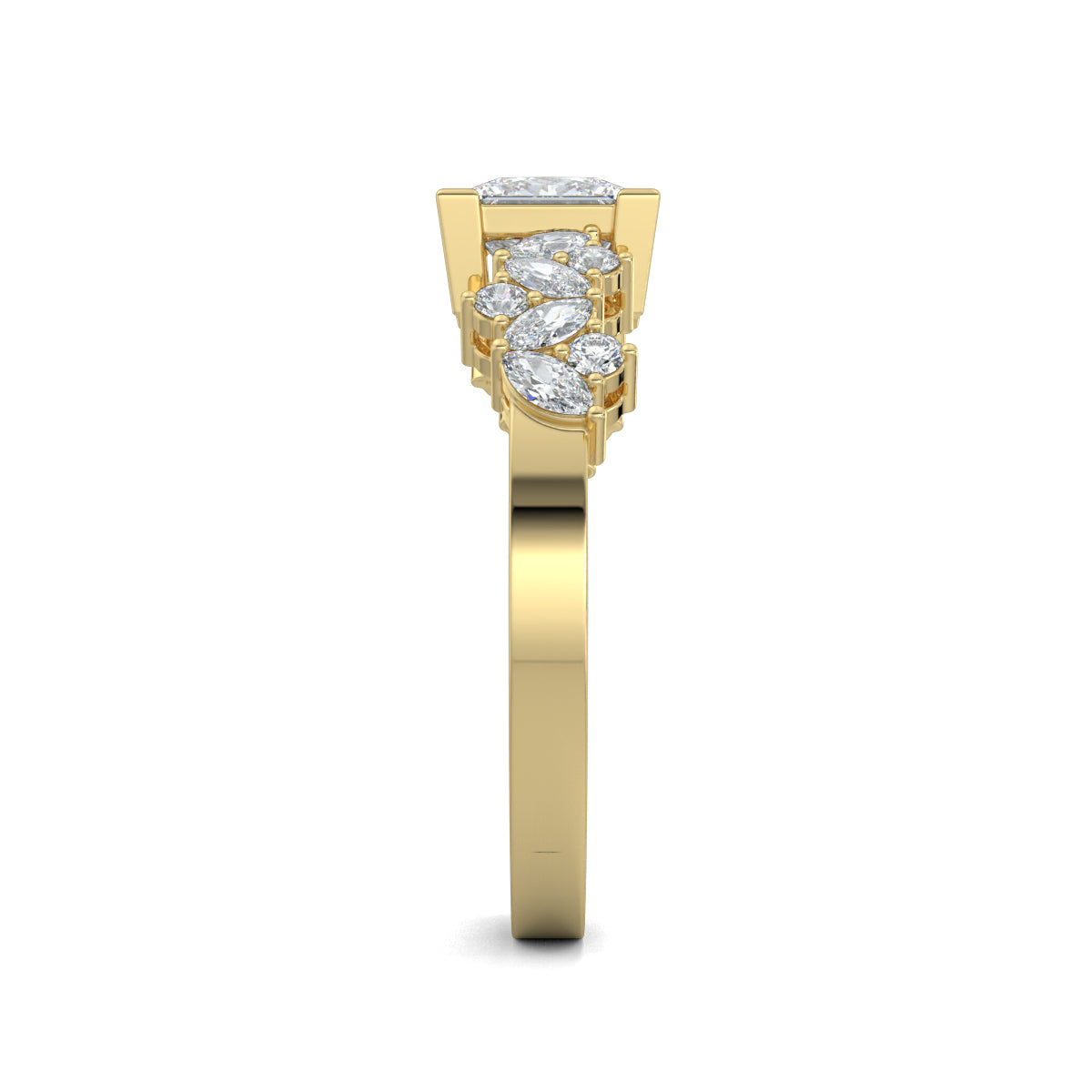 Yellow Gold, Diamond Ring, luxurious princess solitaire ring, natural diamond ring, lab-grown diamond ring, marquise and round diamond ring, solitaire engagement ring, classic diamond ring