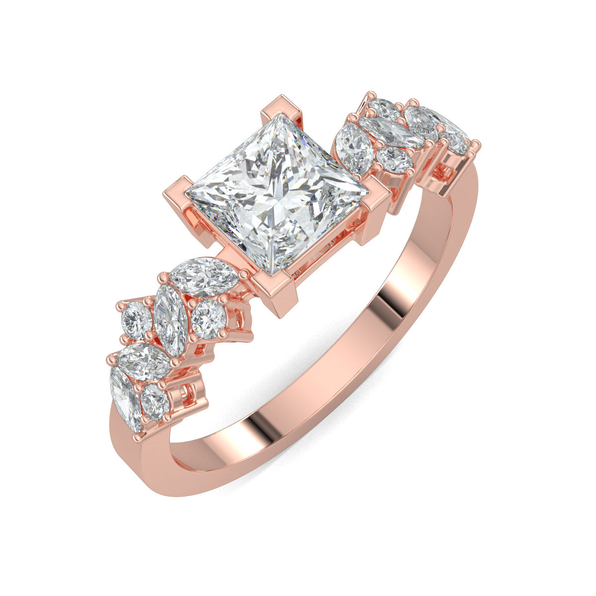 Rose Gold, Diamond Ring, luxurious princess solitaire ring, natural diamond ring, lab-grown diamond ring, marquise and round diamond ring, solitaire engagement ring, classic diamond ring