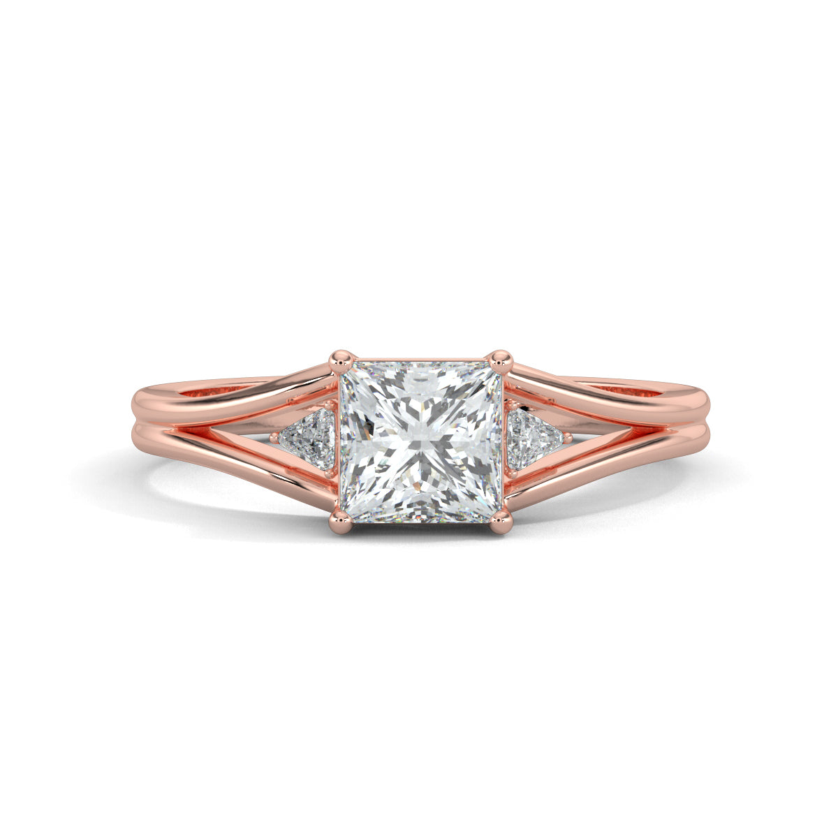 Rose Gold, Diamond Ring, Enchantress Solitaire Diamond Ring, Natural Diamonds, Lab-Grown Diamonds, Princess Cut Diamond, Trillion Diamonds, Split Shank Band, Elegant Diamond Ring