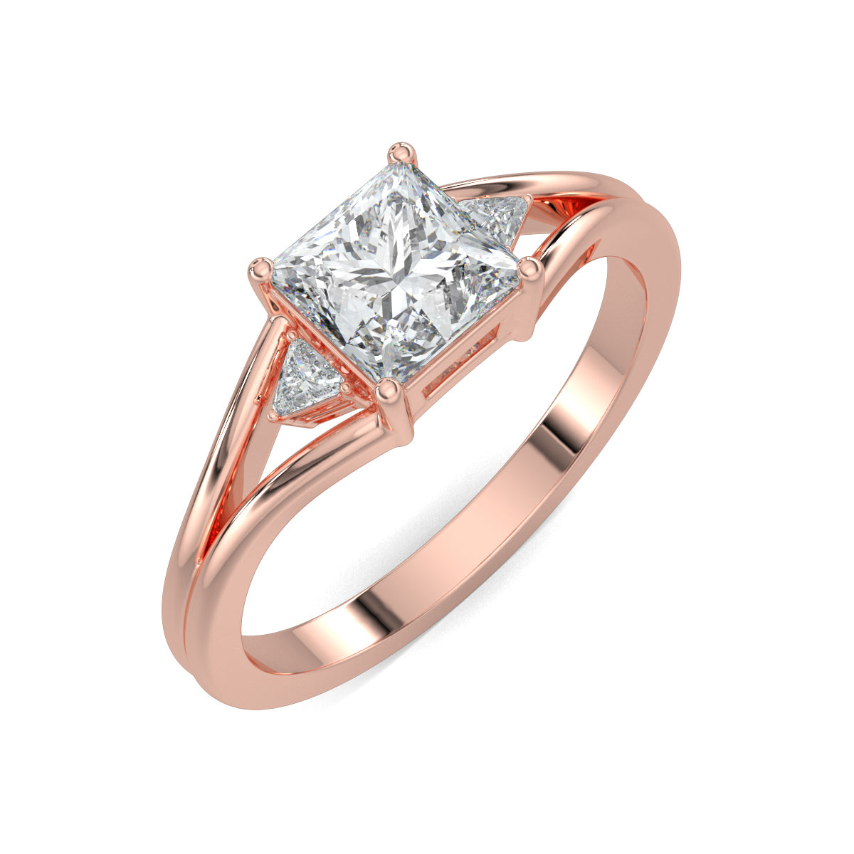 Rose Gold, Diamond Ring, Enchantress Solitaire Diamond Ring, Natural Diamonds, Lab-Grown Diamonds, Princess Cut Diamond, Trillion Diamonds, Split Shank Band, Elegant Diamond Ring