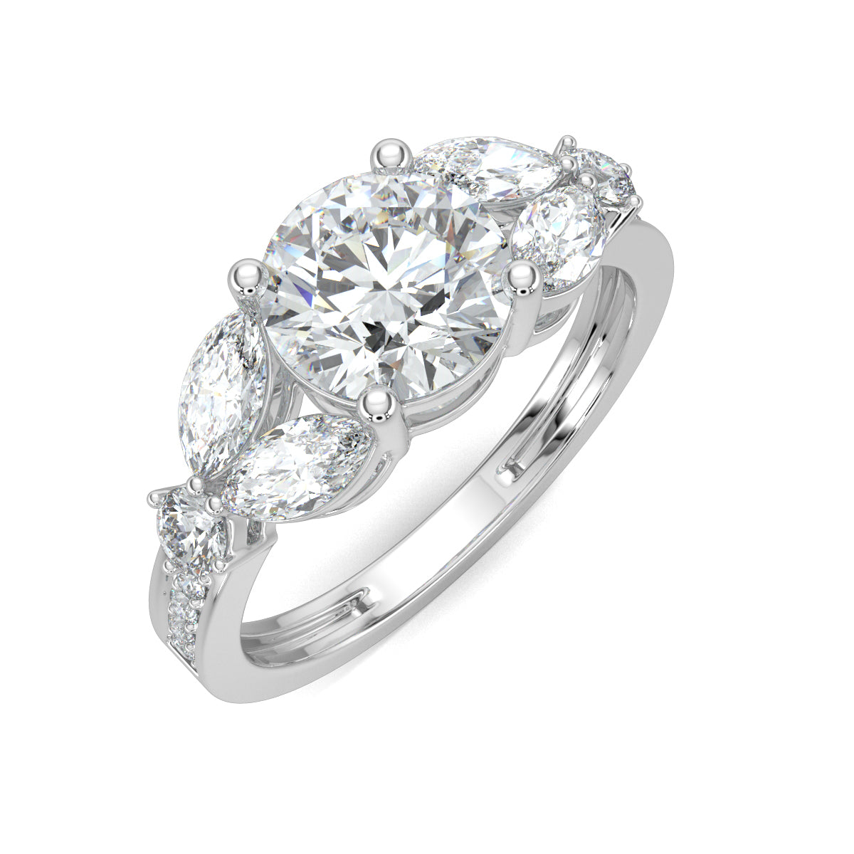 White Gold, Diamond Ring, Round solitaire ring, Marquise diamonds, Natural diamonds, Lab-grown diamonds, Pave diamonds, Ethical jewelry, Classic band, Timeless elegance