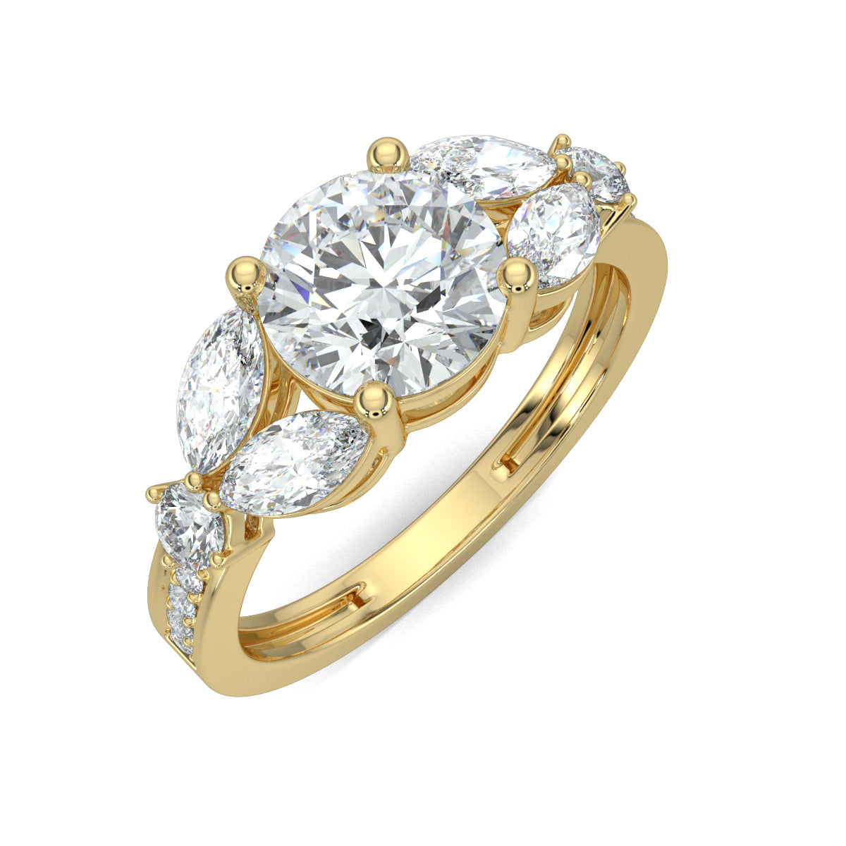 Yellow Gold, Diamond Ring, Round solitaire ring, Marquise diamonds, Natural diamonds, Lab-grown diamonds, Pave diamonds, Ethical jewelry, Classic band, Timeless elegance