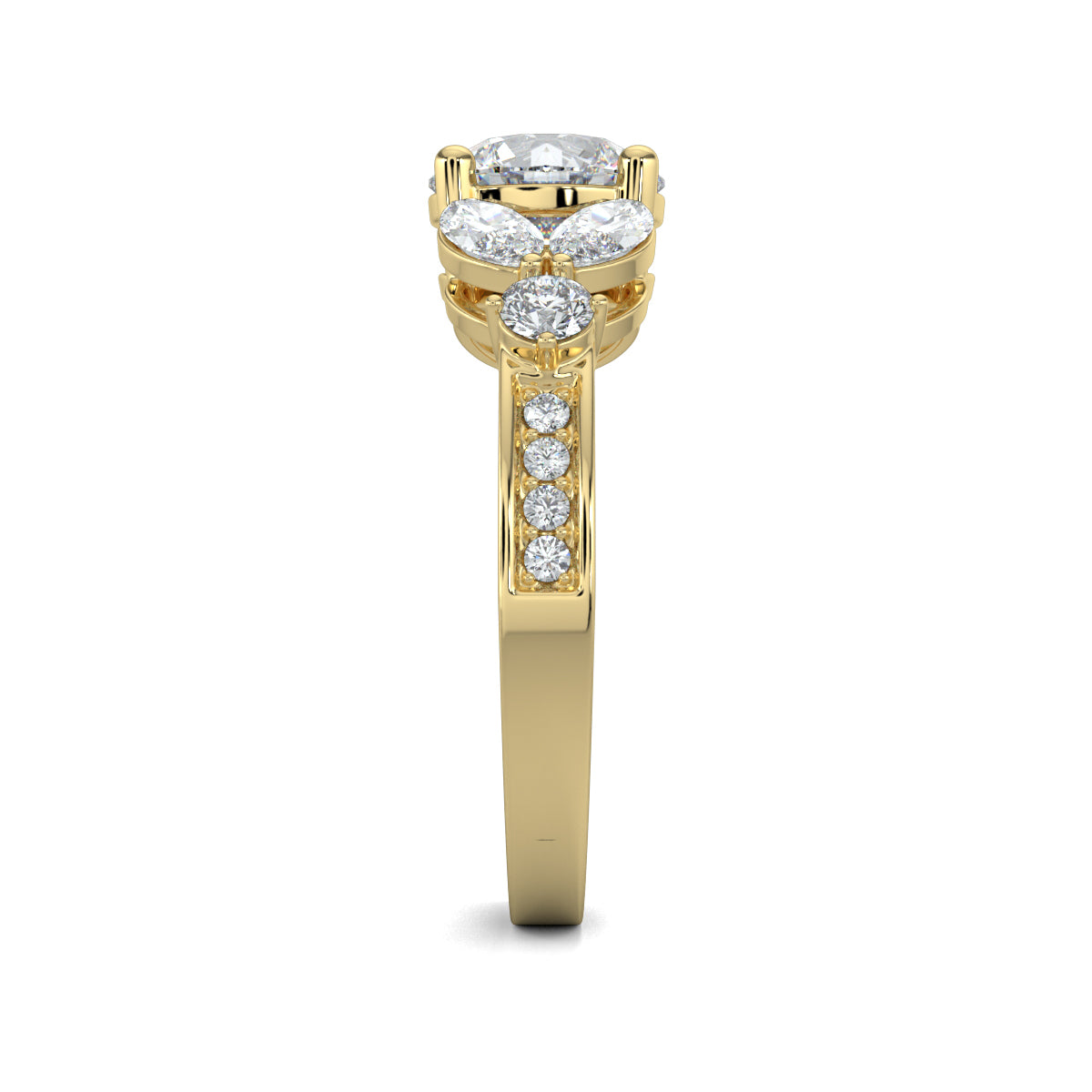 Yellow Gold, Diamond Ring, Round solitaire ring, Marquise diamonds, Natural diamonds, Lab-grown diamonds, Pave diamonds, Ethical jewelry, Classic band, Timeless elegance