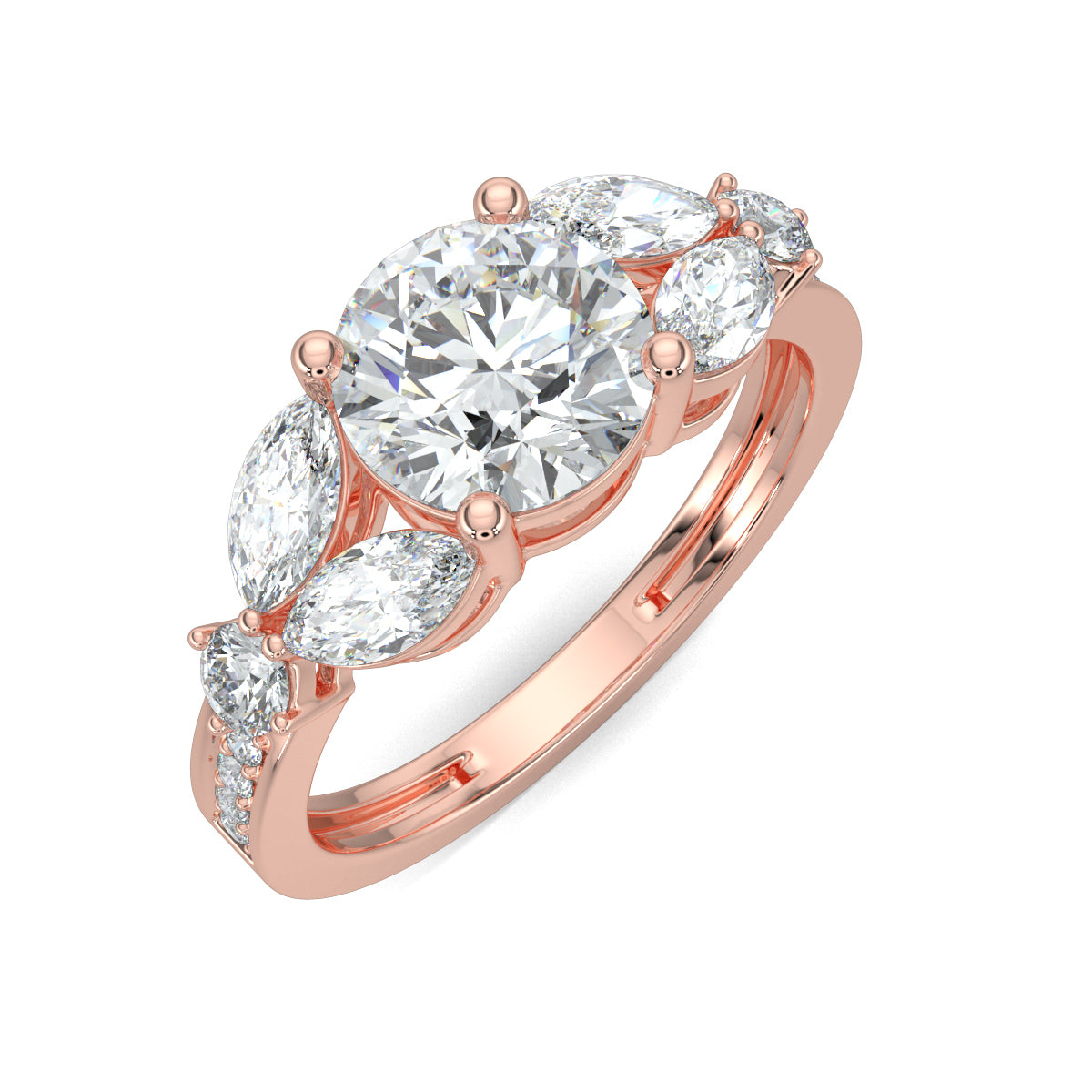 Rose Gold, Diamond Ring, Round solitaire ring, Marquise diamonds, Natural diamonds, Lab-grown diamonds, Pave diamonds, Ethical jewelry, Classic band, Timeless elegance