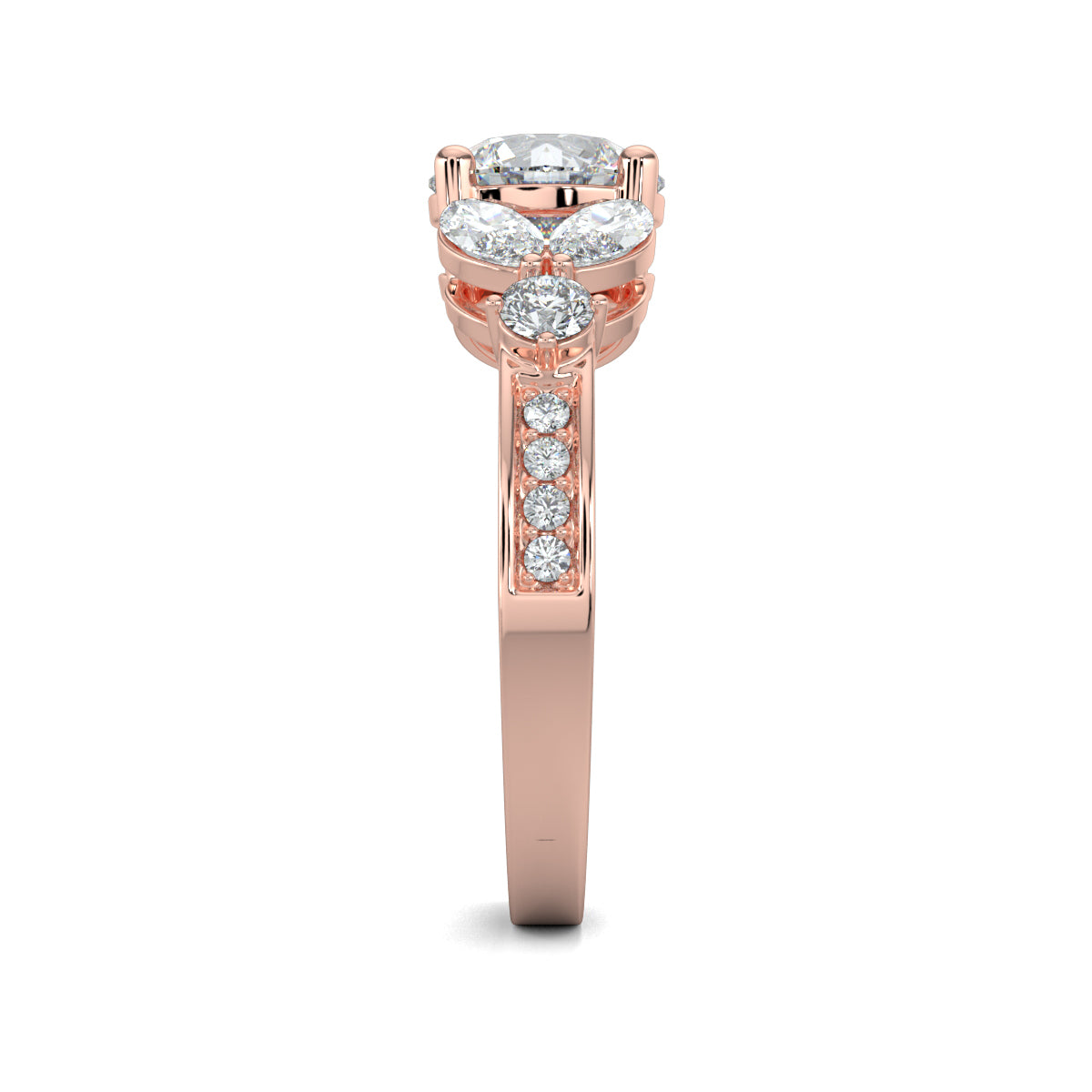 Rose Gold, Diamond Ring, Round solitaire ring, Marquise diamonds, Natural diamonds, Lab-grown diamonds, Pave diamonds, Ethical jewelry, Classic band, Timeless elegance