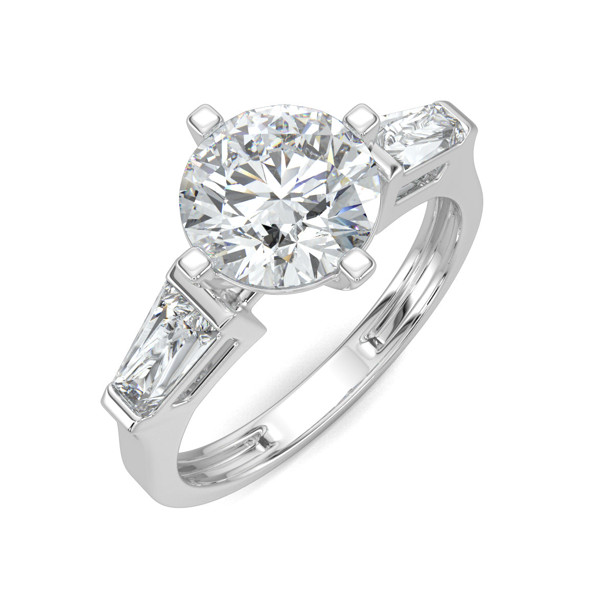 White Gold, Diamond Ring, natural diamond solitaire ring, lab-grown diamond solitaire ring, Lumina Treasure design, round and tapered diamonds, classic band, timeless elegance
